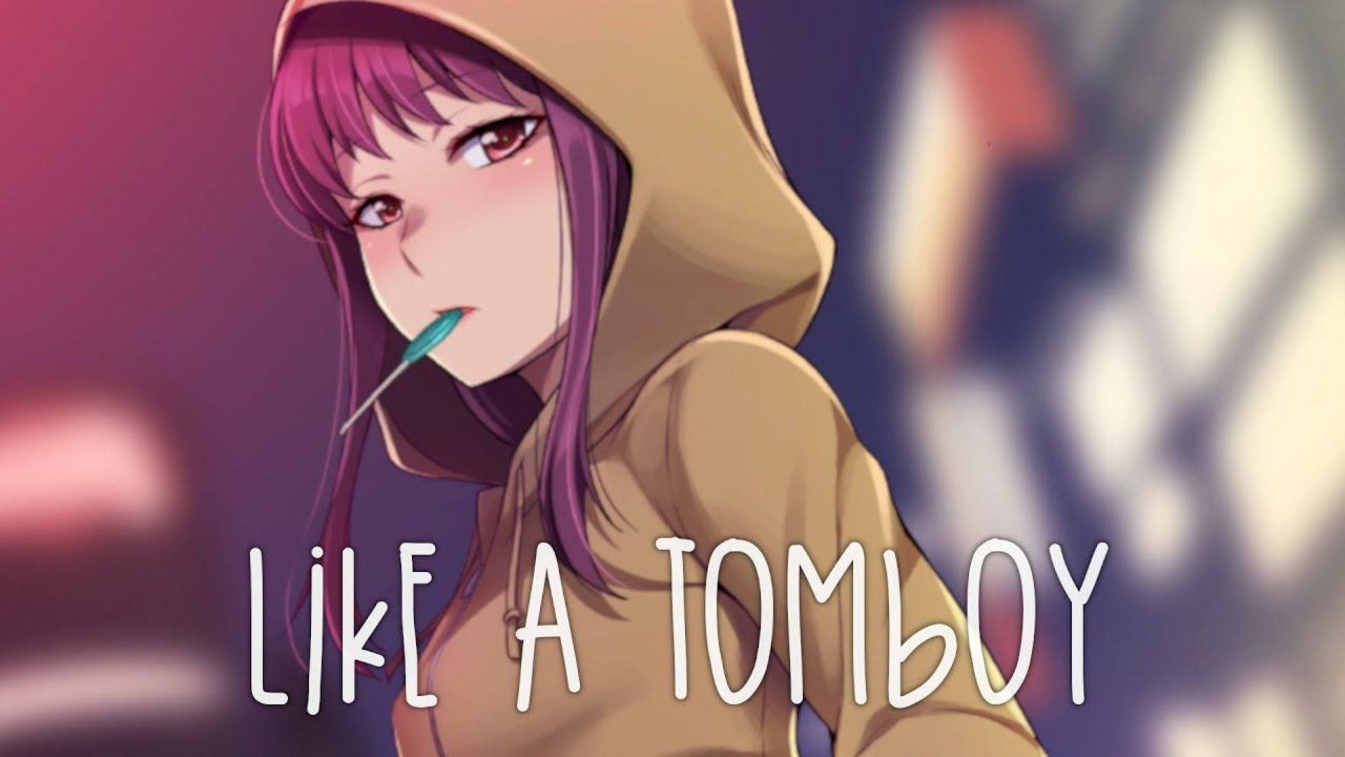 Tomboy Anime Girl 桌布 壁紙 — 一位紫髮動漫女孩穿著棕色連帽衫，在模糊的城市背景下，用柔和的目光將筆放在唇邊。