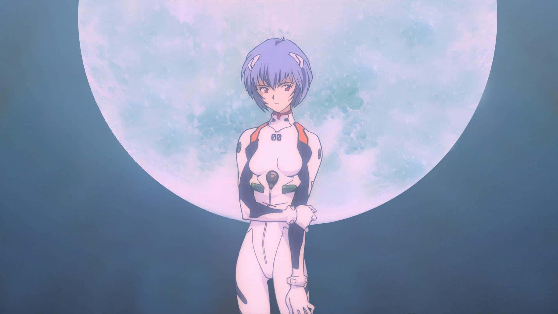 rei ayanami 桌布 壁紙 — 一位紫髮動漫女孩穿著白色和橙色緊身衣，站在深藍色天空中的巨大蒼白月亮前。