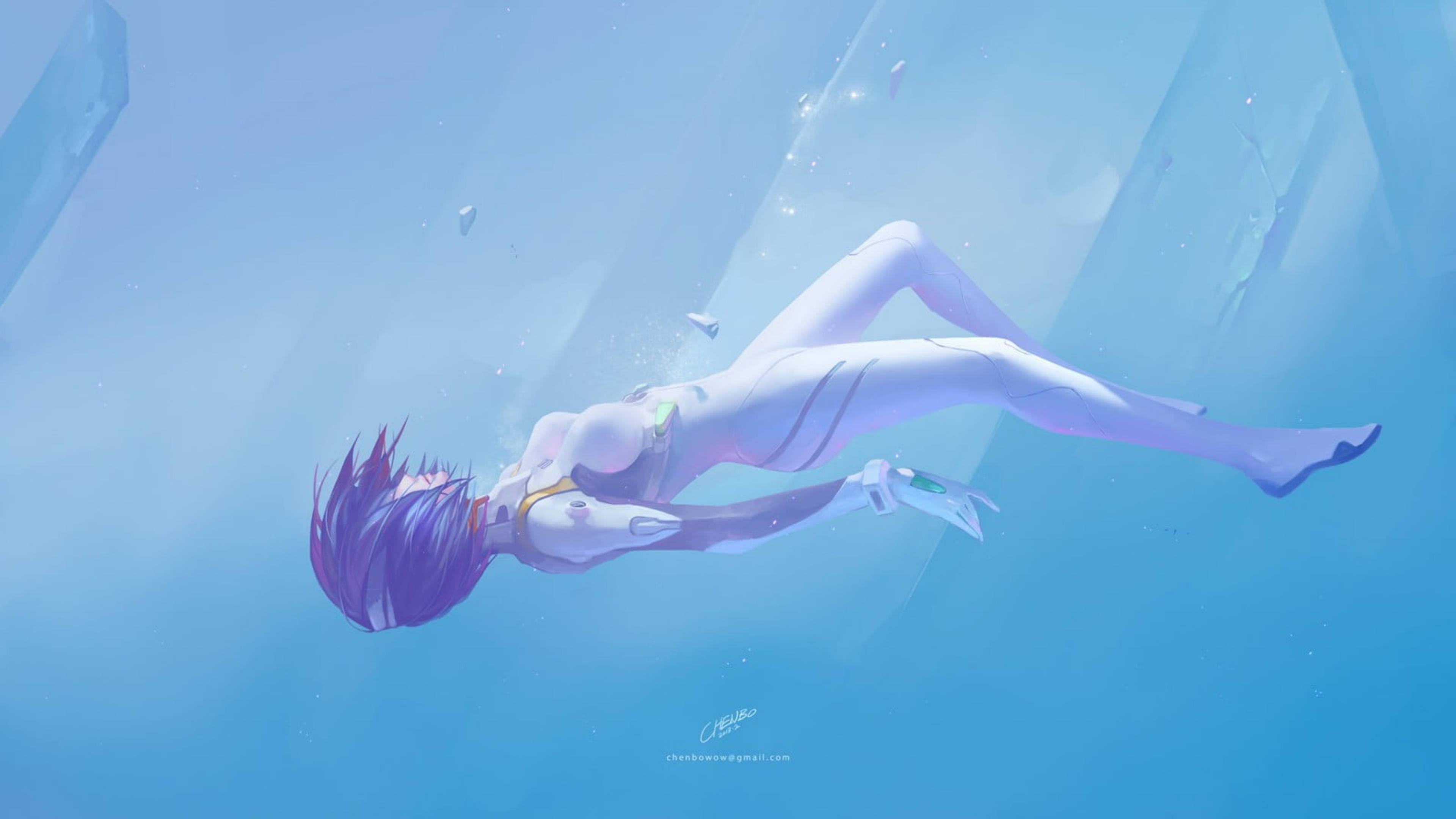 rei ayanami 桌布 壁紙 — 一位紫髮動漫女孩穿著白色西裝，在發光的藍光和漂浮的碎片中寧靜地漂浮在水下。