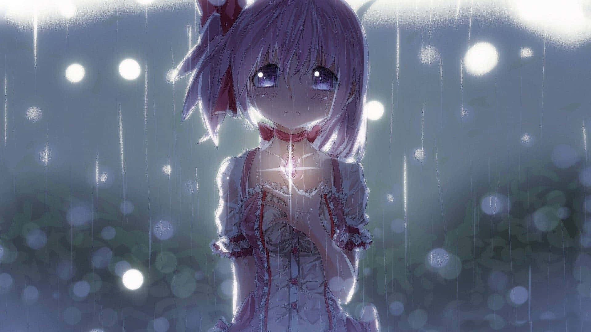depressed anime 桌布 壁紙 — 一位紫髮動漫女孩穿著白色連衣裙，站在雨中，背景有發光的燈光和柔和散景。