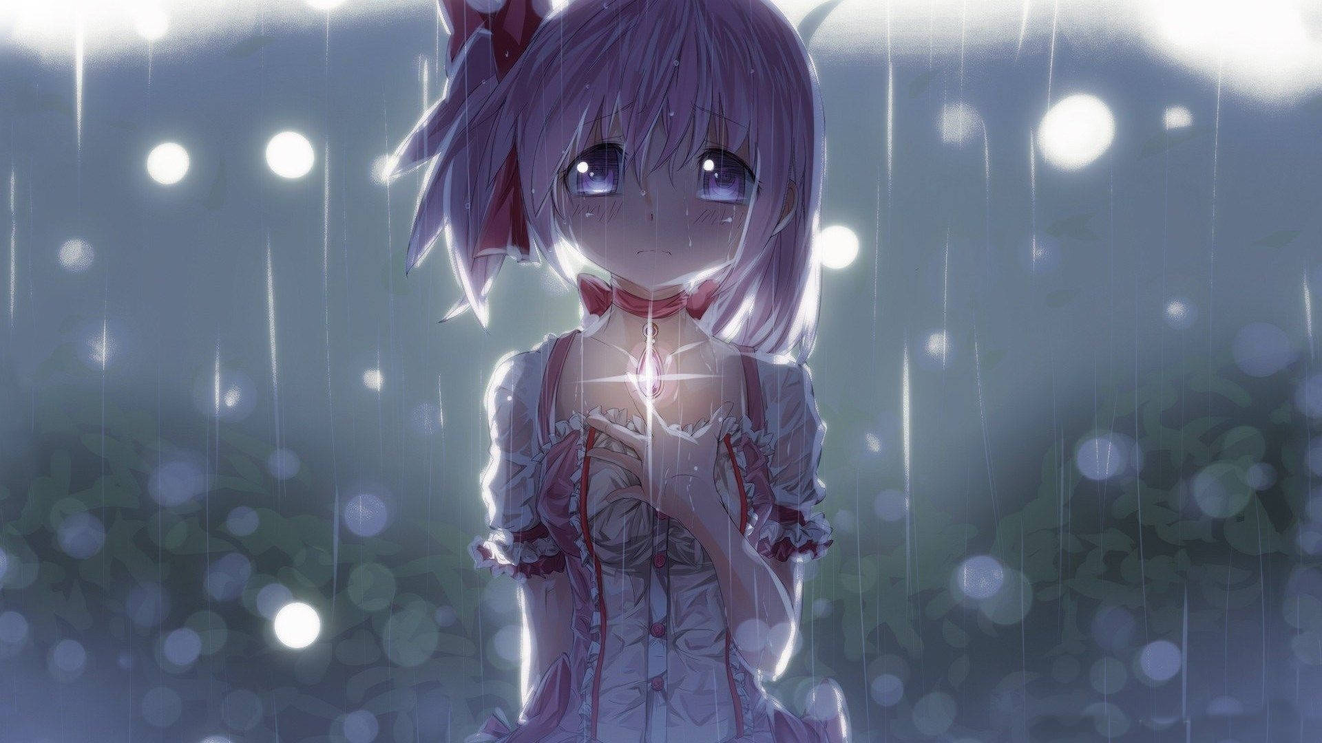 紫發動漫女孩在雨中手持發光物體 — 憂鬱動漫女孩 GIF 壁紙