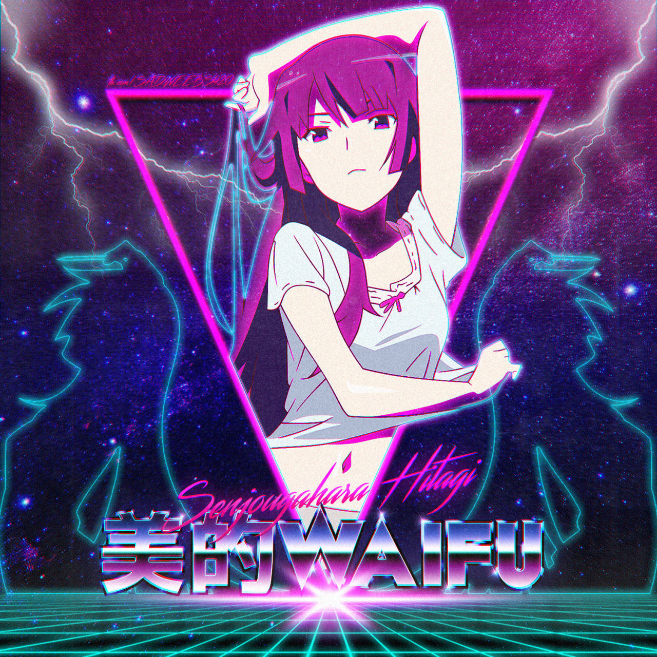 Vaporwave 桌布 壁紙 — 一位紫髮動漫女孩穿著白色連衣裙，站在發光的粉紅色三角形內，背景是星光燦爛的宇宙，帶有霓虹閃電和復古未來主義文字。