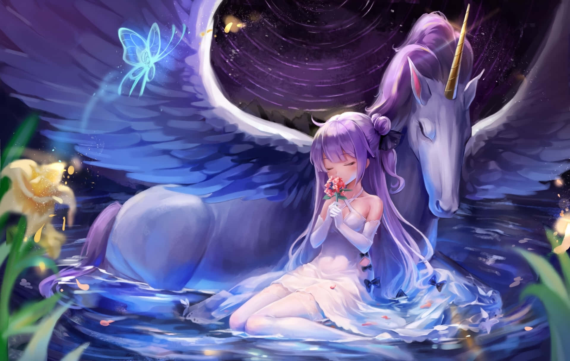 Unicorn Coloring 桌布 壁紙 — 一位紫髮動漫女孩穿著白色連衣裙坐在水中，在星光燦爛的夜空下，旁邊有一隻帶翅膀的獨角獸，手持花朵，周圍有發光的蝴蝶。