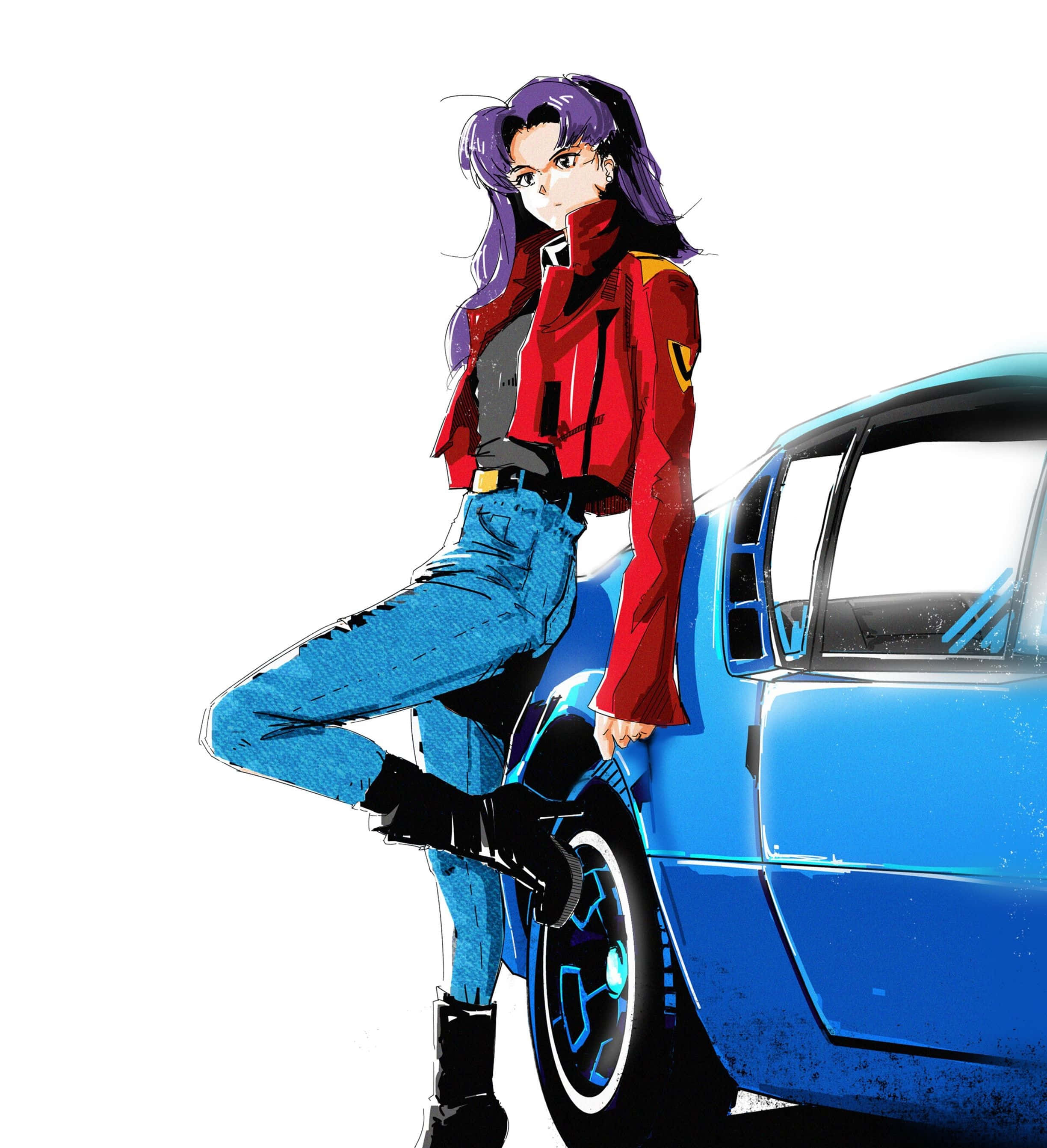 Ritsuko Akagi 桌布 壁紙 — 一位紫髮動漫女孩穿著紅色外套，自信地靠在一輛藍色跑車上，背景是純白色。