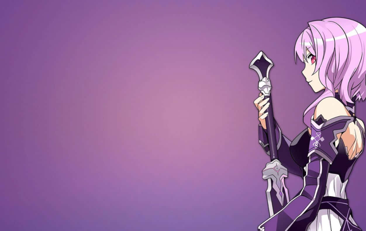 Purple Anime 桌布 壁紙 — 一位紫髮動漫女孩穿著紫色和白色的服裝，在漸變紫色背景前手持劍。