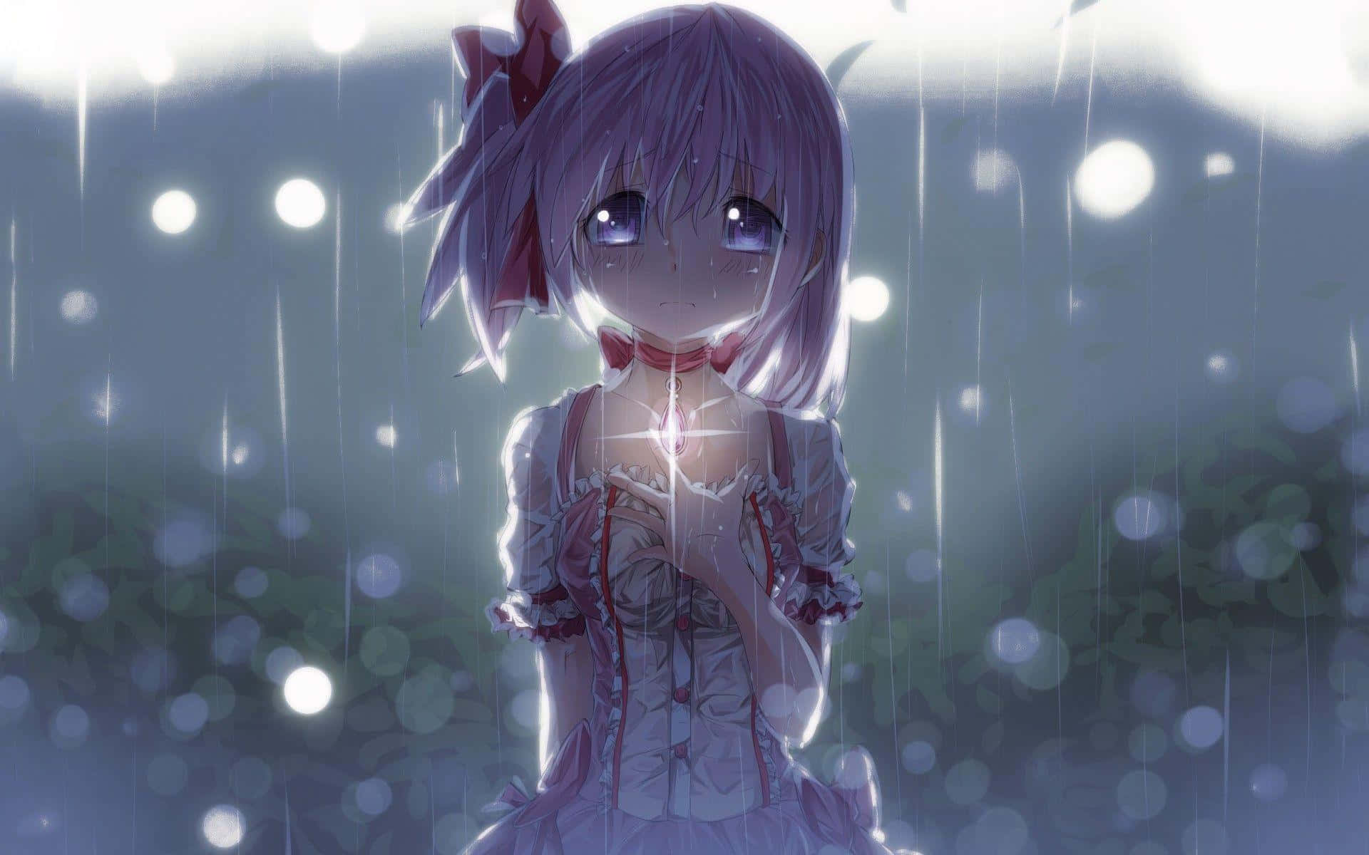 可憐動漫 桌布 壁紙 — 一位紫髮動漫女孩穿著荷葉邊連衣裙，站在雨中，背景有發光球體和柔和散景。