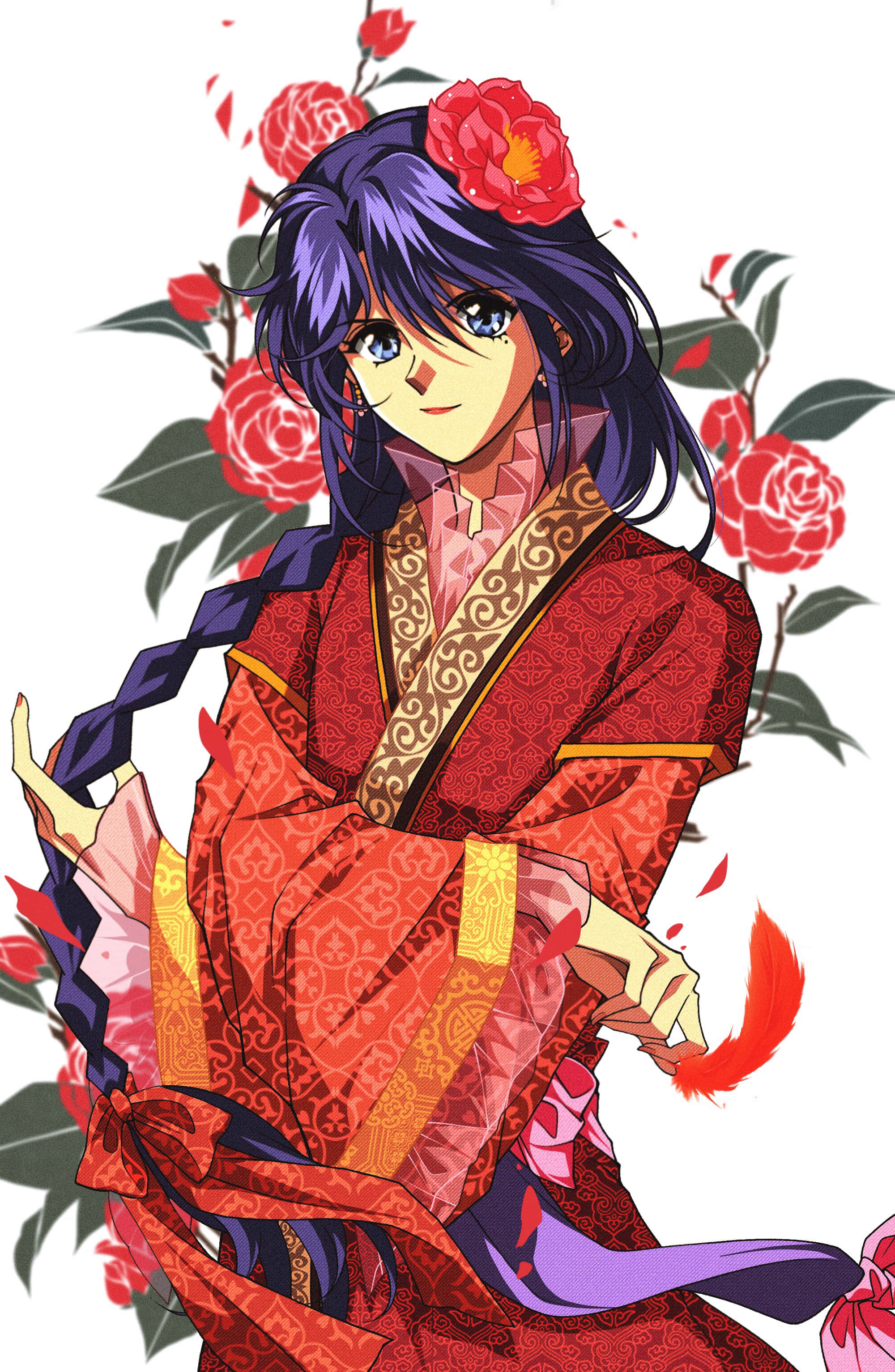 Fushigi Yuugi 桌布 壁紙 — 一位紫髮動漫女孩穿著華麗的紅色傳統長袍，在飄落的紅玫瑰和綠葉中微笑。