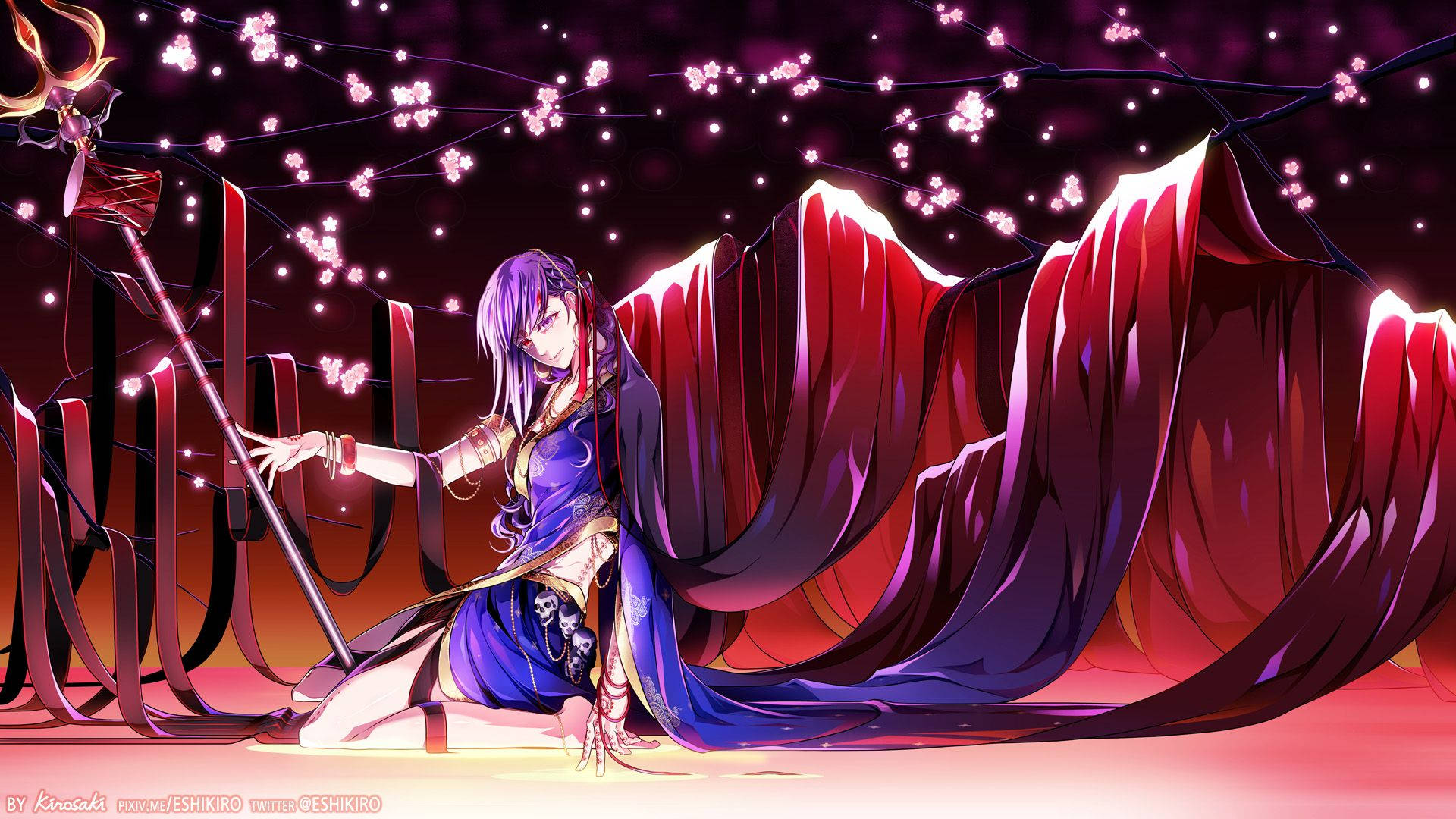Fate/Grand Order 桌布 壁紙 — 一位紫髮動漫女孩穿著飄逸的藍紅長袍，在夜晚的櫻花樹下優雅地跪著，手持發光法杖。