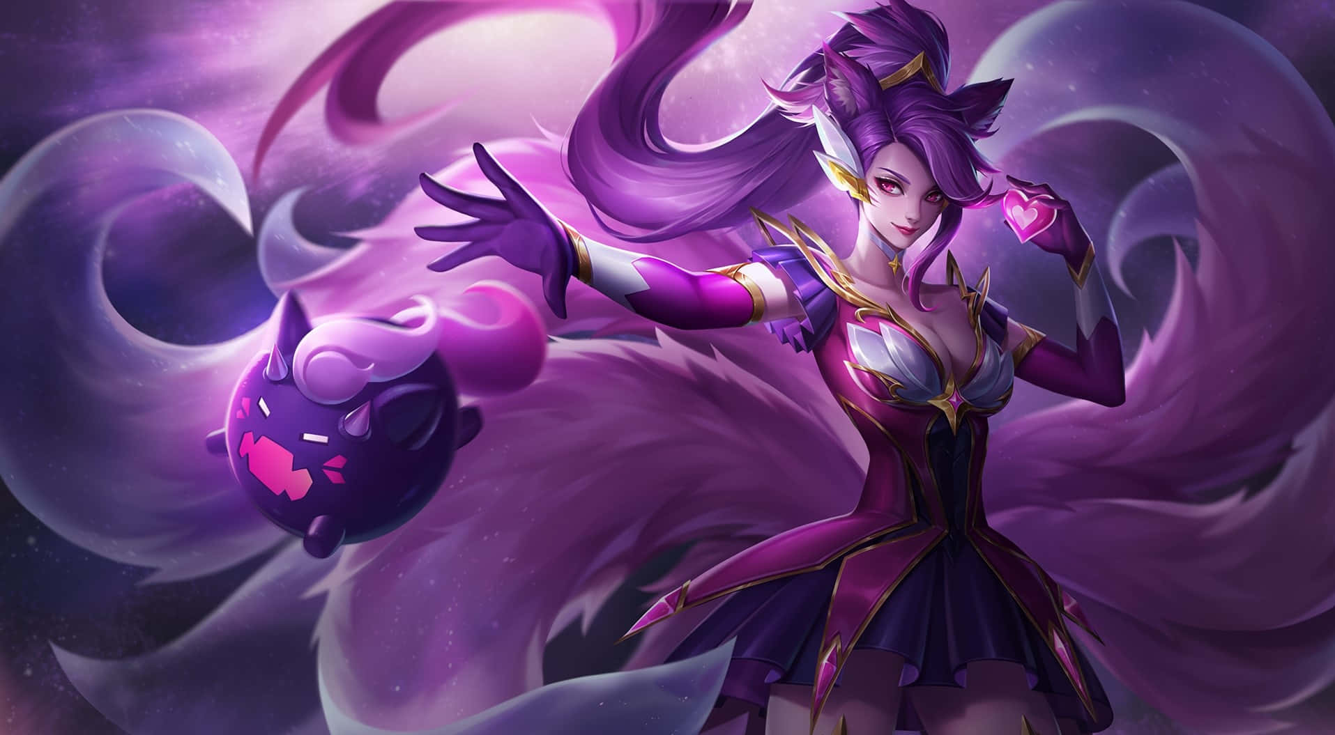 Best League Of Legends 桌布 壁紙 — 一位紫髮動漫女孩穿著魔法長袍，揮舞著發光的心臟，同時一個漂浮的紫色生物在宇宙背景中圍繞她旋轉。
