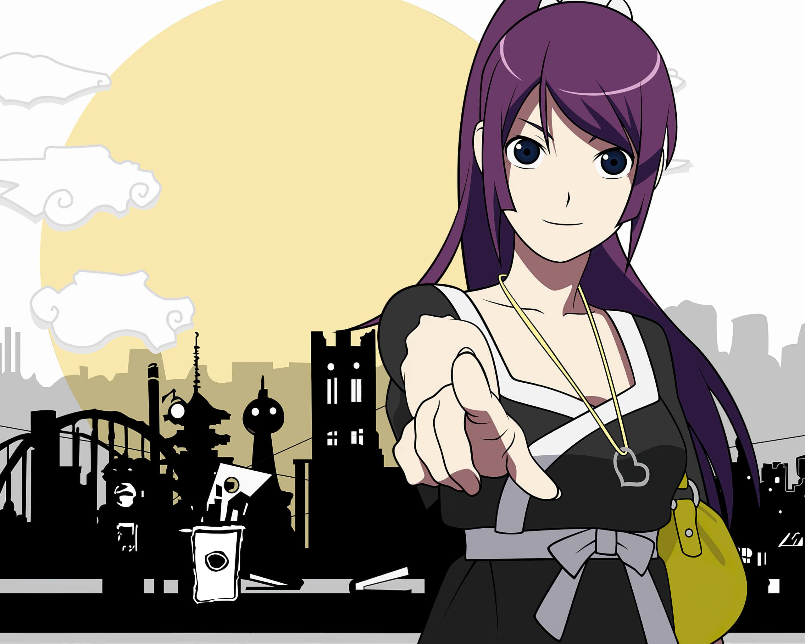 物語 桌布 壁紙 — 一位紫髮動漫女孩穿著黑色連衣裙，在一個大黃太陽下的風格化城市天際線前指向前面。