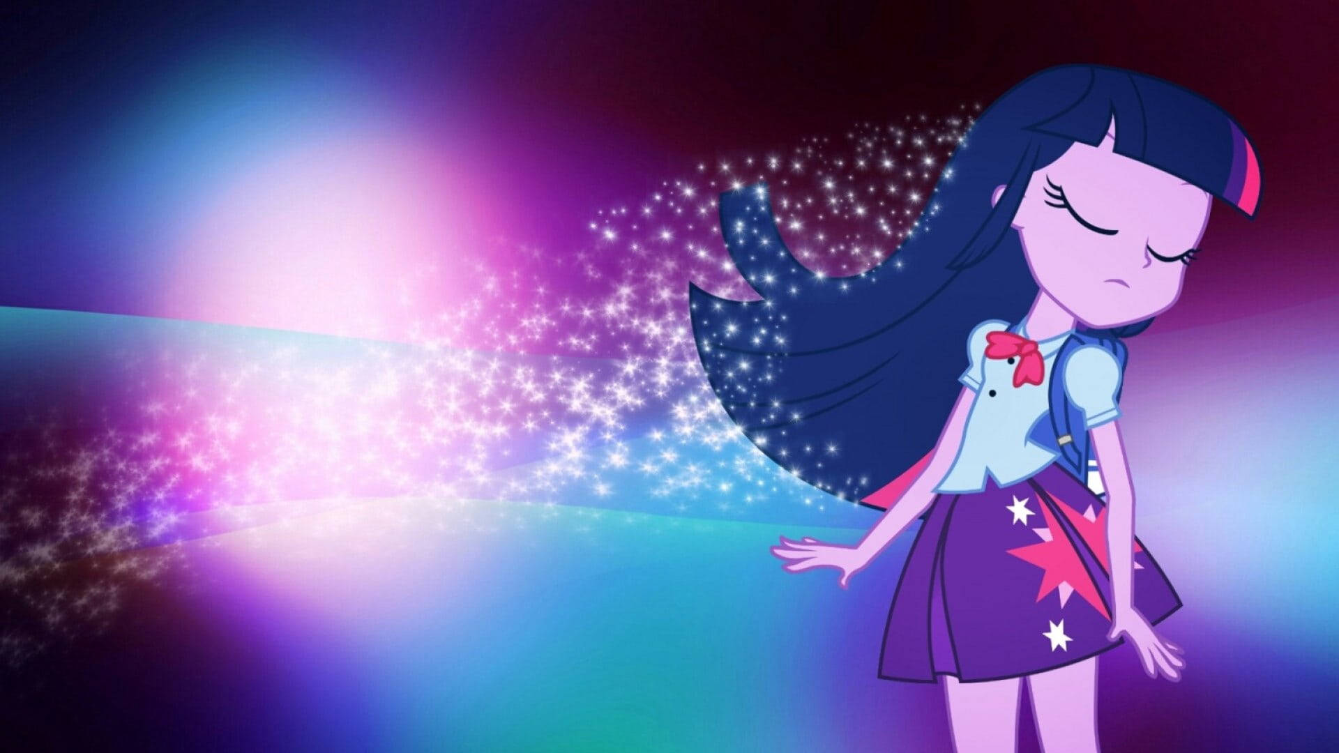 Pretty Girl Cartoon 桌布 壁紙 — 一位紫髮動漫女孩閉著眼睛，從她飄逸的頭髮中釋放出閃爍的星星，背景是充滿活力的漸變天空。