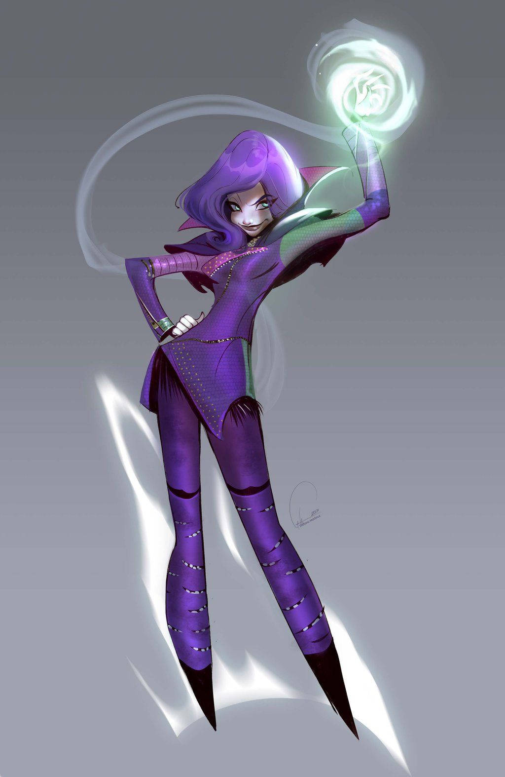 Descendants 桌布 壁紙 — 一位紫髮動漫女巫身穿時尚紫色服裝，自信地微笑著揮舞著發光的綠色魔法球。
