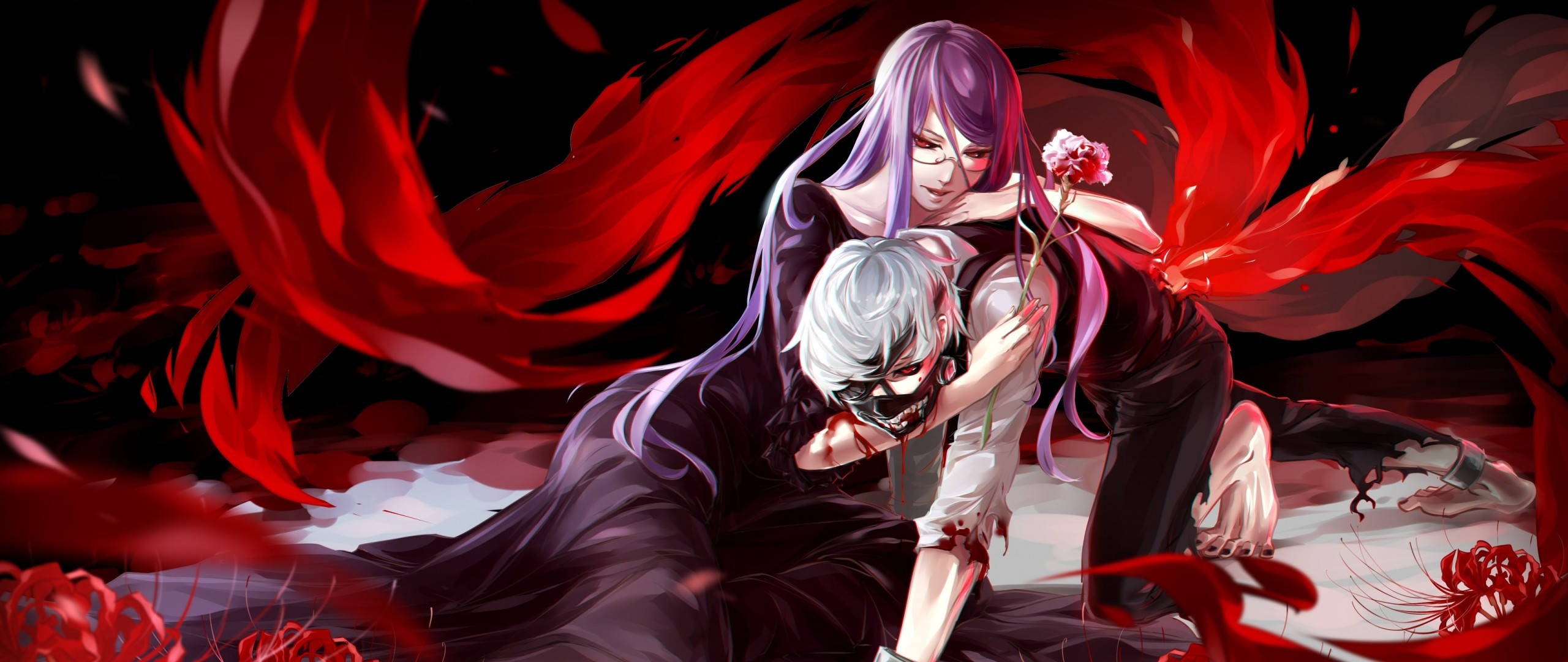 Edgy 桌布 壁紙 — 一位紫髮動漫女性在旋轉的紅色花瓣和黑暗陰影中懷抱著一個戴面具的白髮人物。