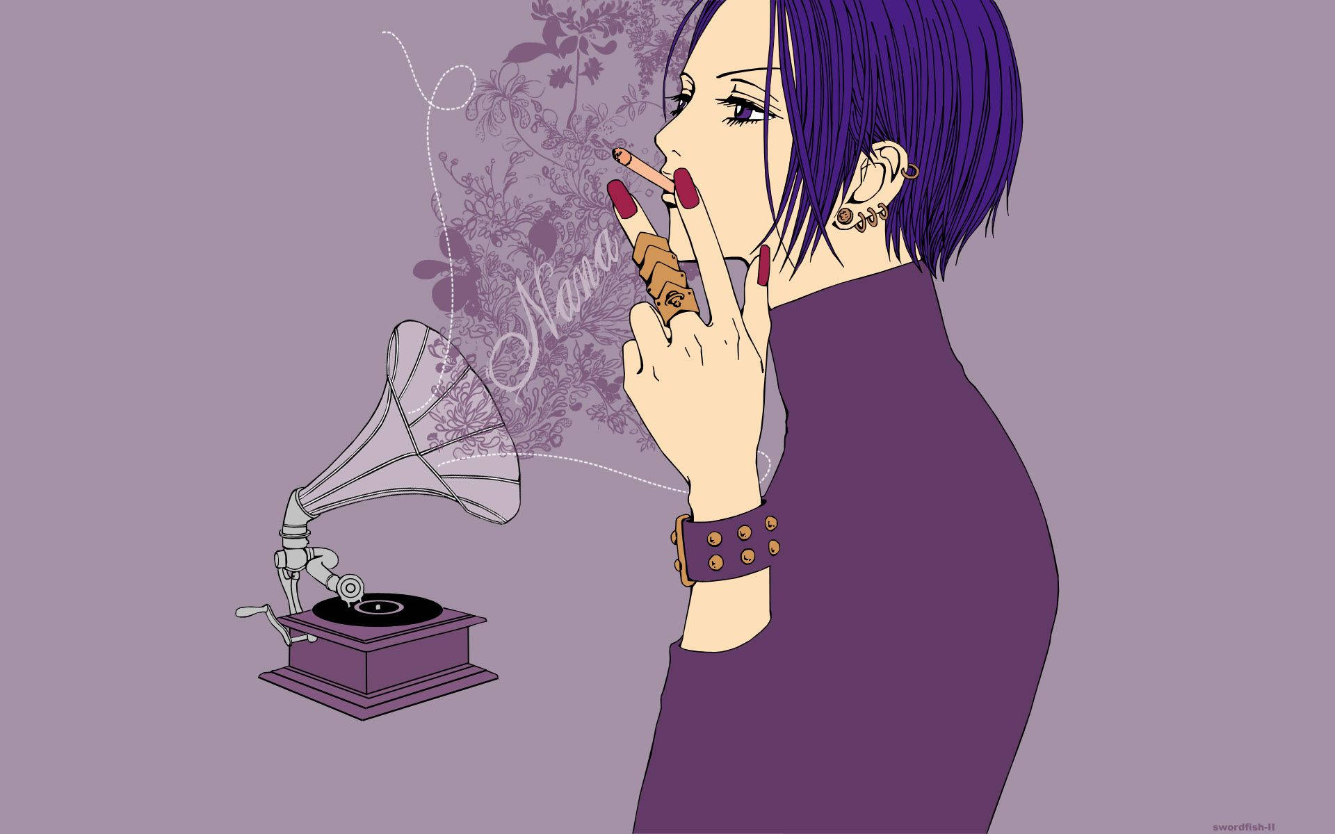 nana 桌布 壁紙 — 一位紫髮動漫女性穿著紫色連衣裙，站在復古留聲機旁邊抽煙。