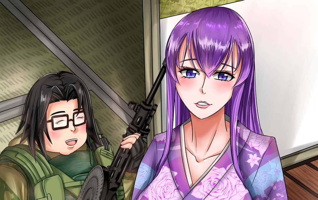 學園默示錄 桌布 壁紙 — 一位紫髮動漫女性穿著花卉和服，手持步槍，而一位戴眼鏡的士兵在火車車廂內微笑地站在她旁邊。
