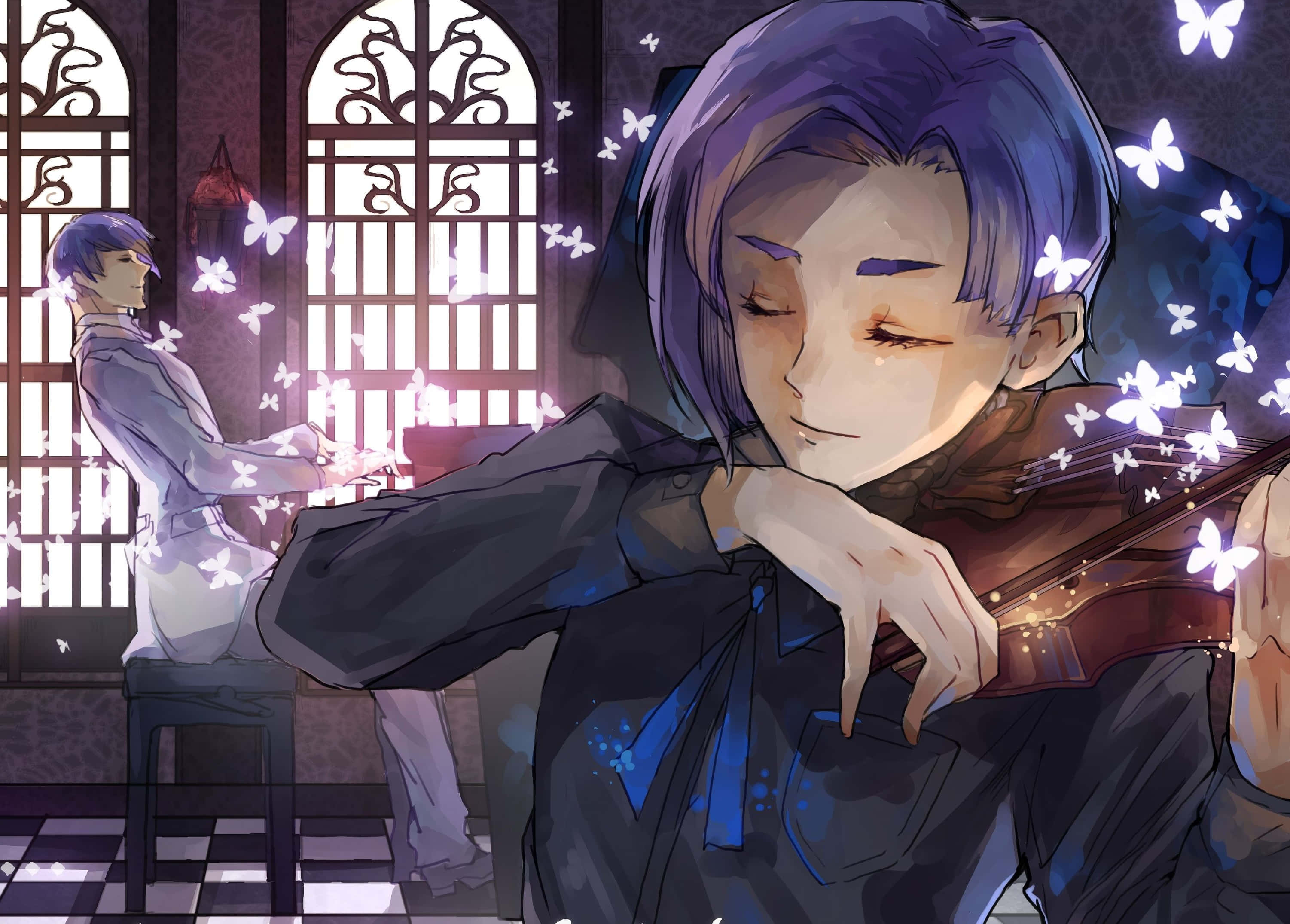 Shuu Tsukiyama 桌布 壁紙 — 一位紫髮動漫小提琴手閉眼演奏，發光蝴蝶在方格房間中圍繞他們盤旋。