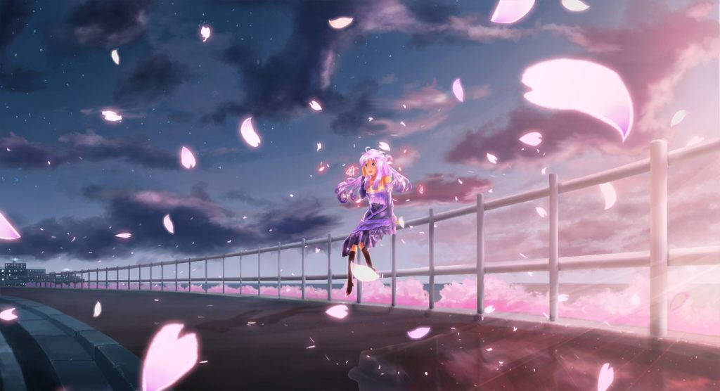 Anime Cloud 桌布 壁紙 — 一位紫髮動漫少女在橋上歡快地跳躍，粉紅色的櫻花在暮色天空中飄舞。