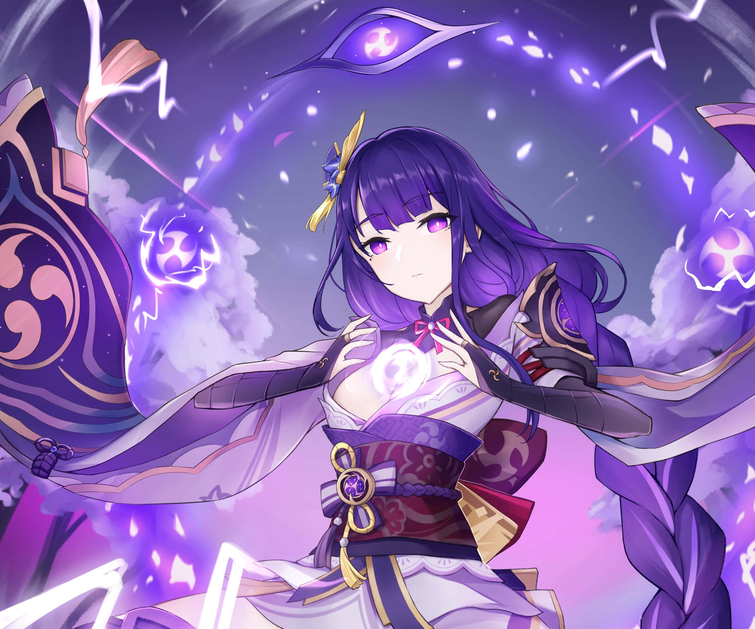 Baal Genshin Impact 桌布 壁紙 — 一位紫髮動漫少女穿著傳統服飾，引導發光的紫色能量，神秘符號在她周圍旋轉。