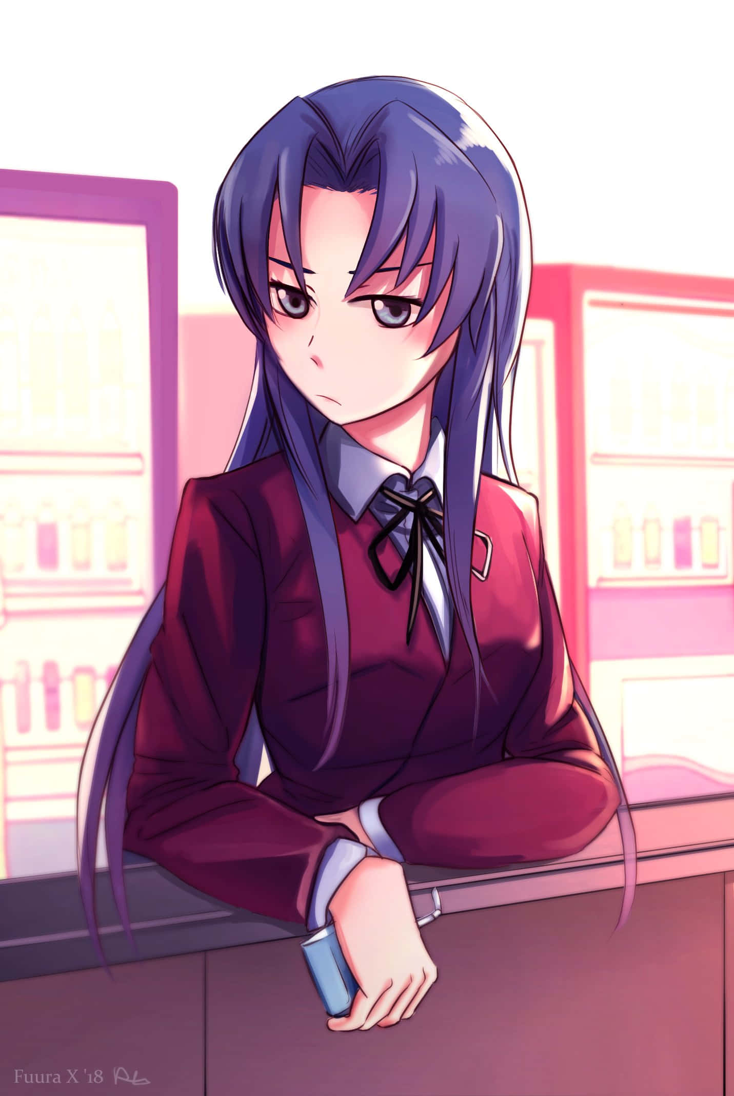 Ami Kawashima 桌布 壁紙 — 一位紫髮動漫少女穿著栗色校服，靠在櫃檯上，表情若有所思。