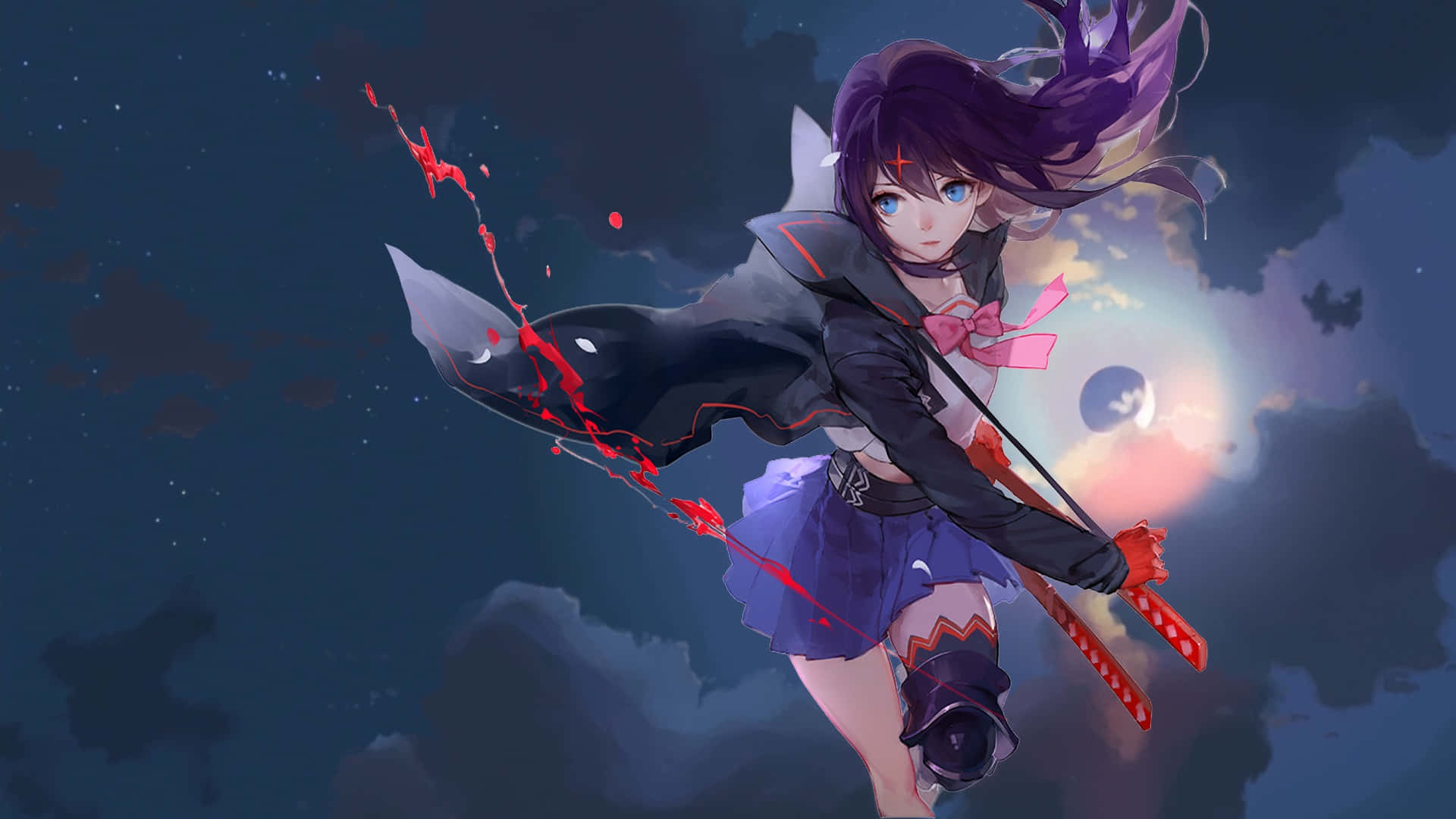 ryuko matoi 桌布 壁紙 — 一位紫髮動漫少女穿著校服，在戲劇性的黃昏天空下揮舞著沾滿血跡的劍。