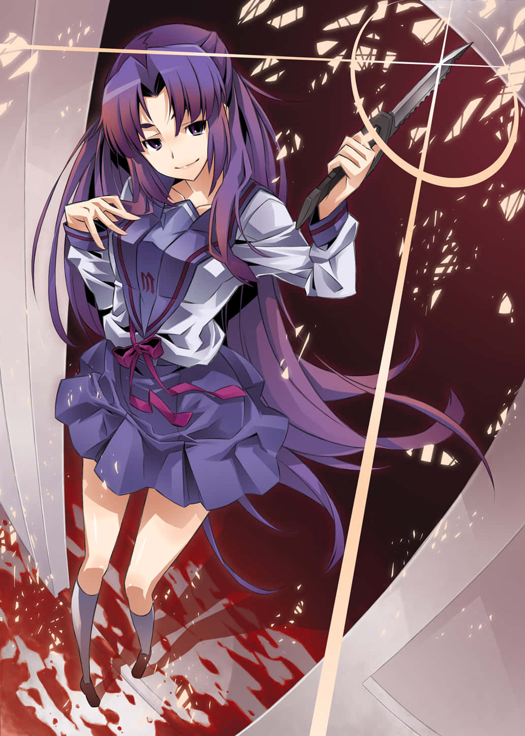 Ryoko Asakura 桌布 壁紙 — 一位紫髮動漫少女穿著校服，在碎玻璃和紅色飛濺中揮舞著劍。