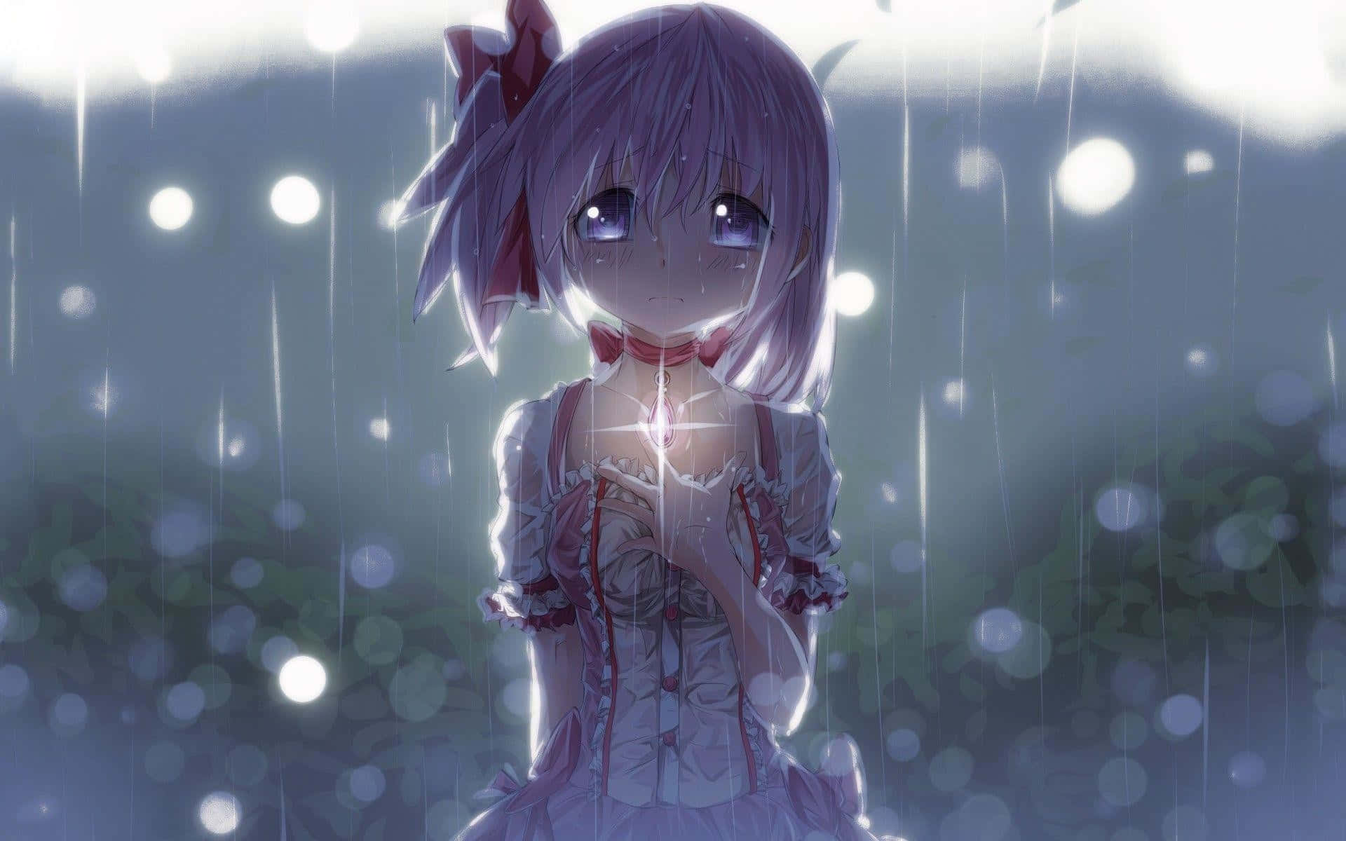Sad Dark Anime 桌布 壁紙 — 一位紫髮動漫少女穿著荷葉邊連衣裙站在雨中，背景有發光球體和柔和散景。