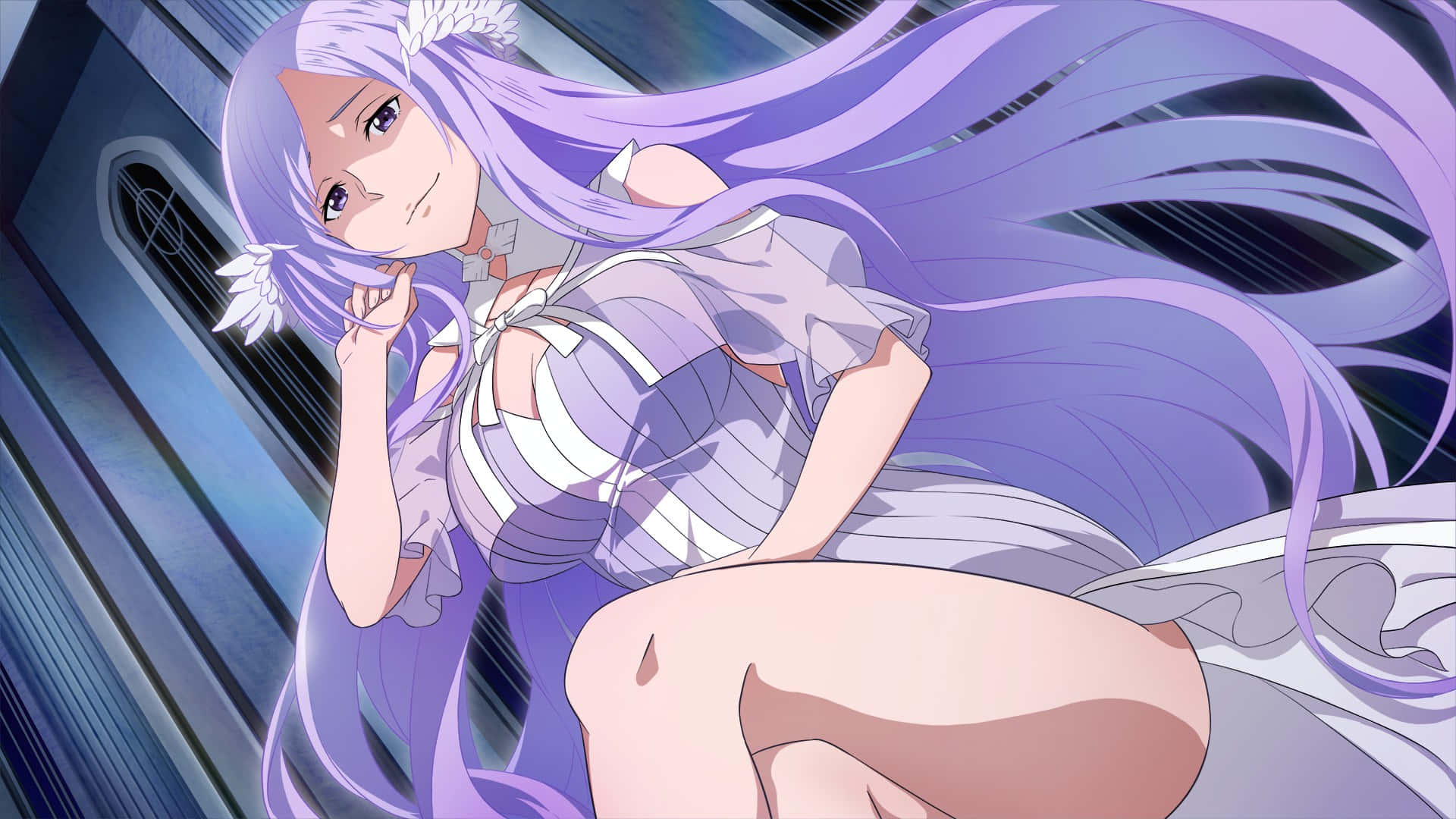 Sword Art Online Quinella 桌布 壁紙 — 一位紫髮動漫少女穿著荷葉邊連衣裙，在未來主義的藍色走廊上誘人地擺姿勢。