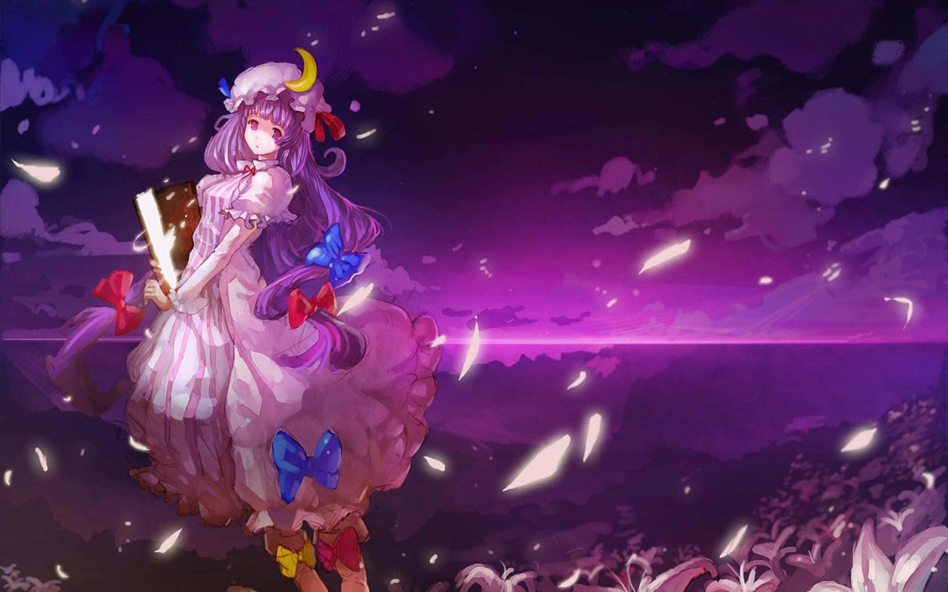 Purple Anime 桌布 壁紙 — 一位紫髮動漫少女穿著荷葉邊連衣裙，站在暮色天空下，發光的花瓣在她周圍旋轉。