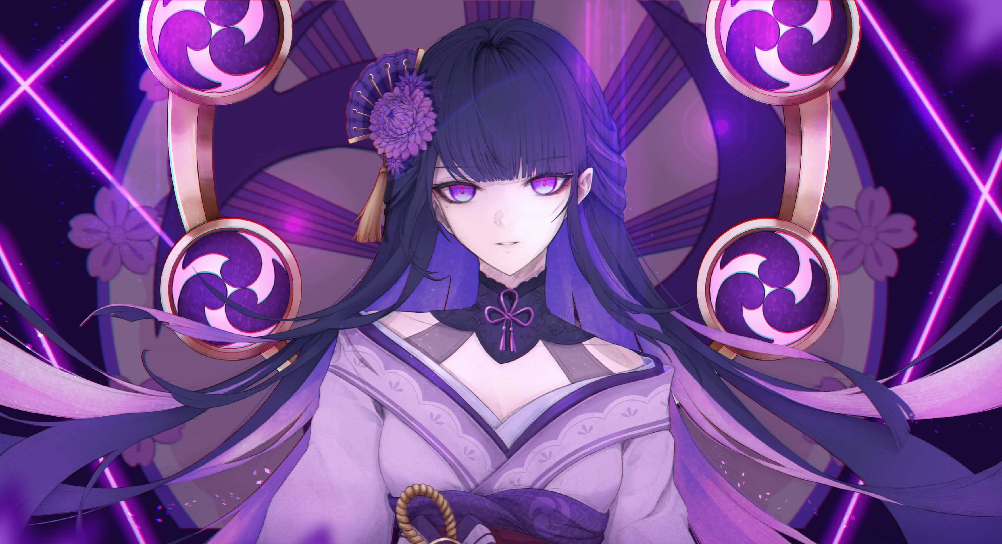 Baal Genshin Impact 桌布 壁紙 — 一位紫髮動漫少女身穿傳統服飾，站在帶有花卉點綴的發光紫色圓形符號前。