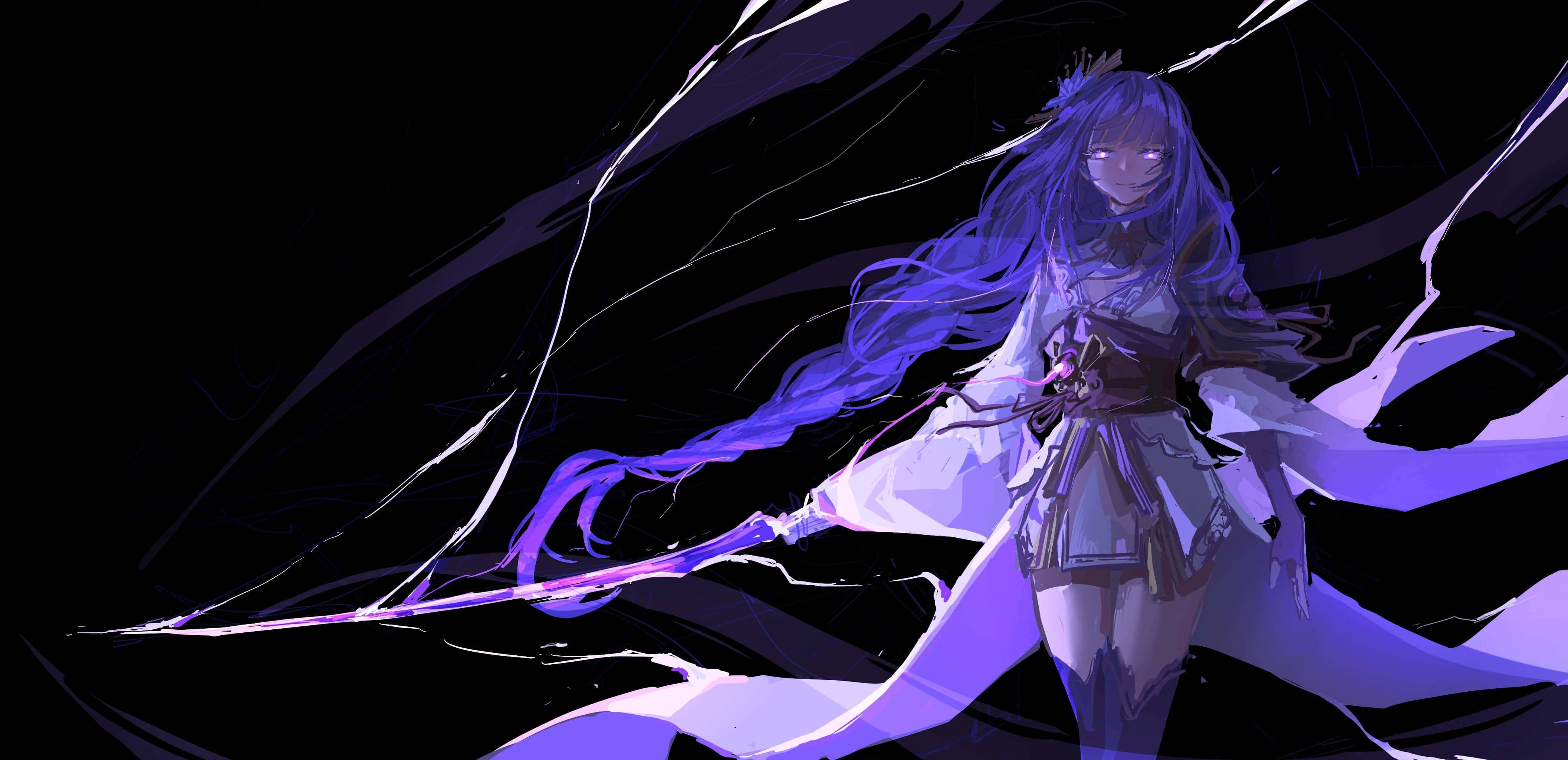 Baal Genshin Impact 桌布 壁紙 — 一位紫髮動漫少女身穿飄逸白色服裝，在黑暗背景中揮舞著發光的劍，伴隨著動態的能量條紋。