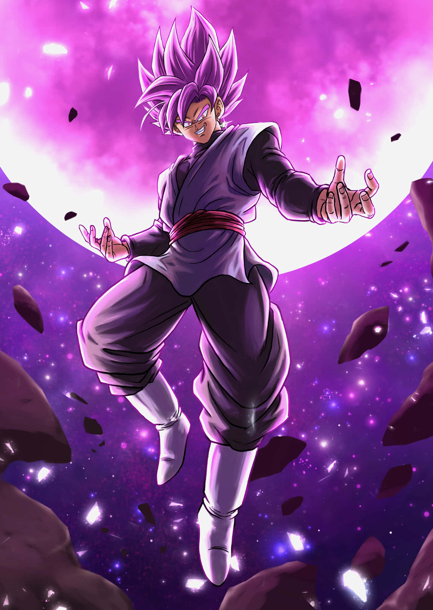 黑悟空 桌布 壁紙 — 一位紫髮動漫戰士在宇宙紫色月亮背景和浮石中動態漂浮。