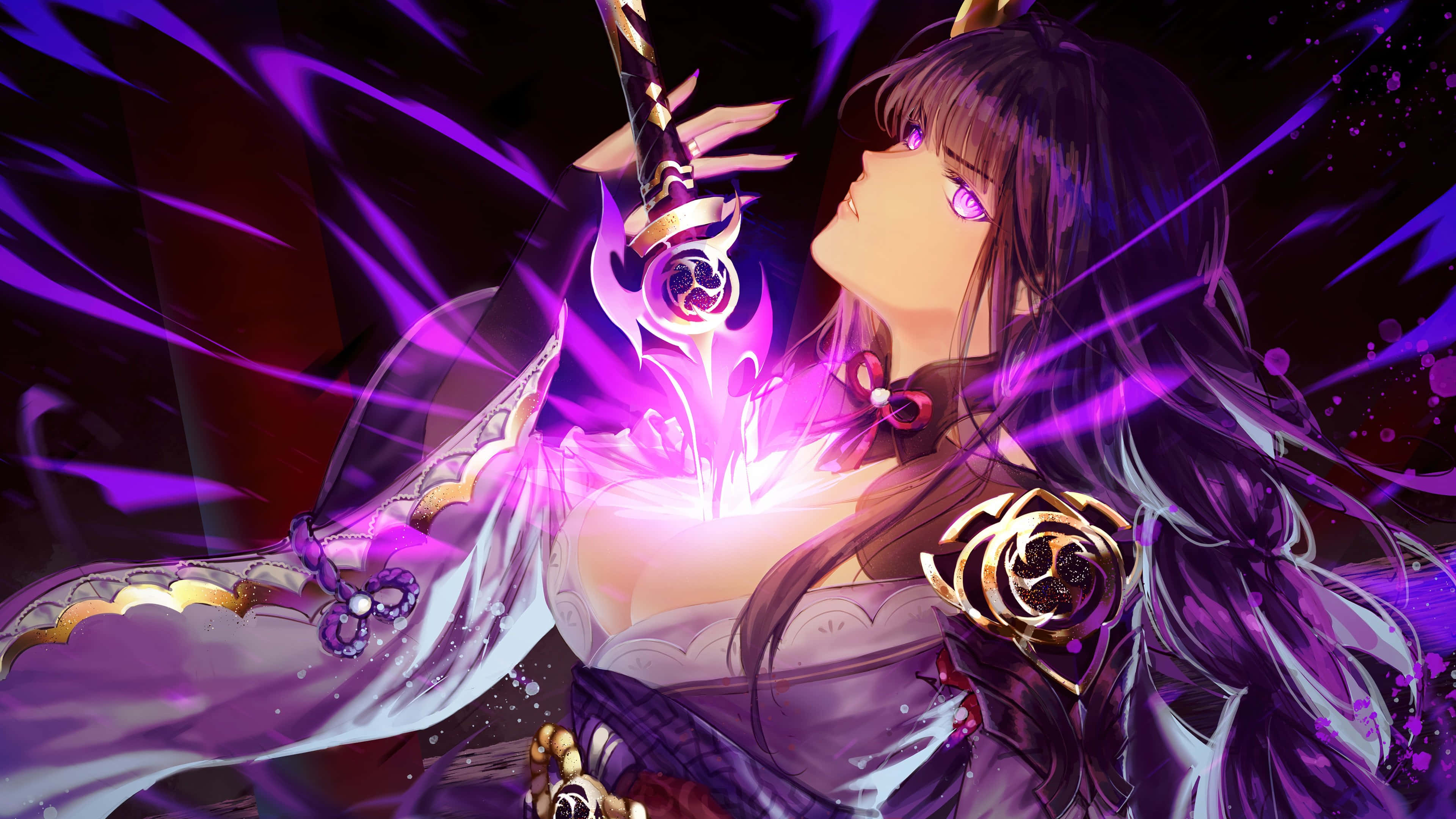 Baal Genshin Impact 桌布 壁紙 — 一位紫髮動漫戰士女神在黑暗奇幻場景中，於旋轉的魔法能量中揮舞著發光的劍。