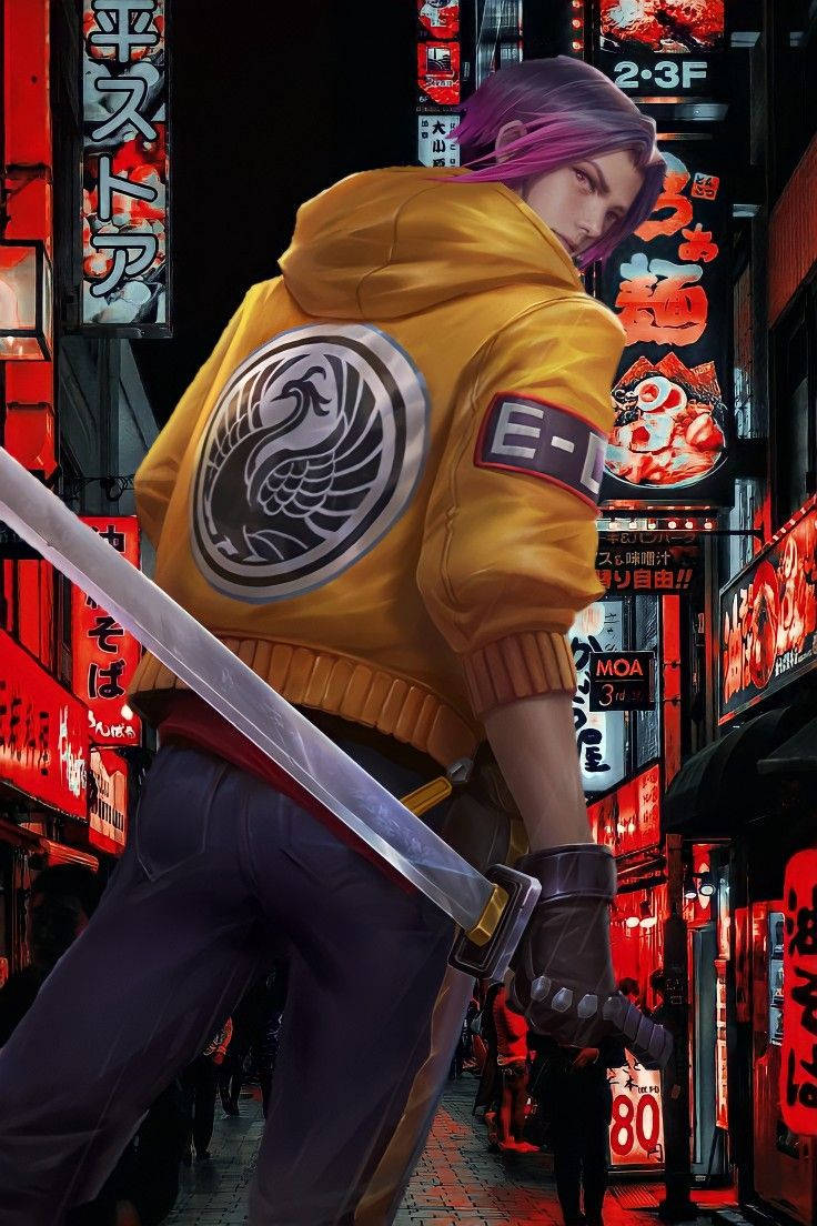 heroes 桌布 壁紙 — 一位紫髮動漫戰士穿著黃色連帽衫，在霓虹燈閃爍的東京小巷中揮舞武士刀。