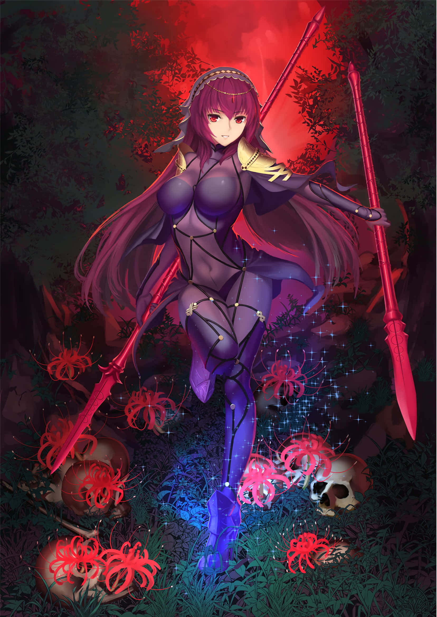 Fate/Grand Order 桌布 壁紙 — 一位紫髮動漫戰士站在黑暗森林中，手持兩把紅色長矛，周圍環繞著發光的紅色蜘蛛百合和頭骨。