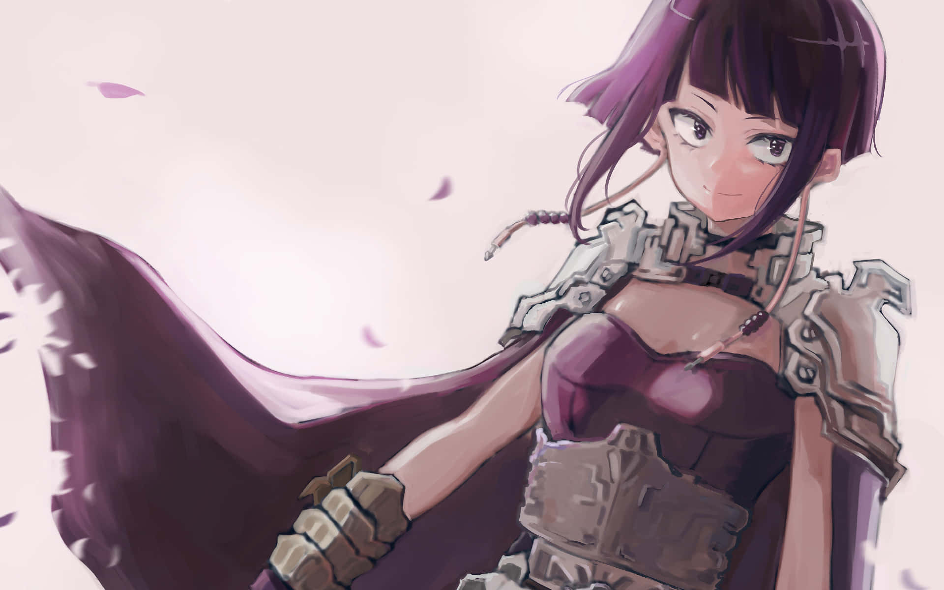 Kyoka Jiro 桌布 壁紙 — 一位紫髮動漫戰士身穿盔甲，在柔和的粉彩背景下，披風隨飄落的花瓣飄動，溫柔地微笑。