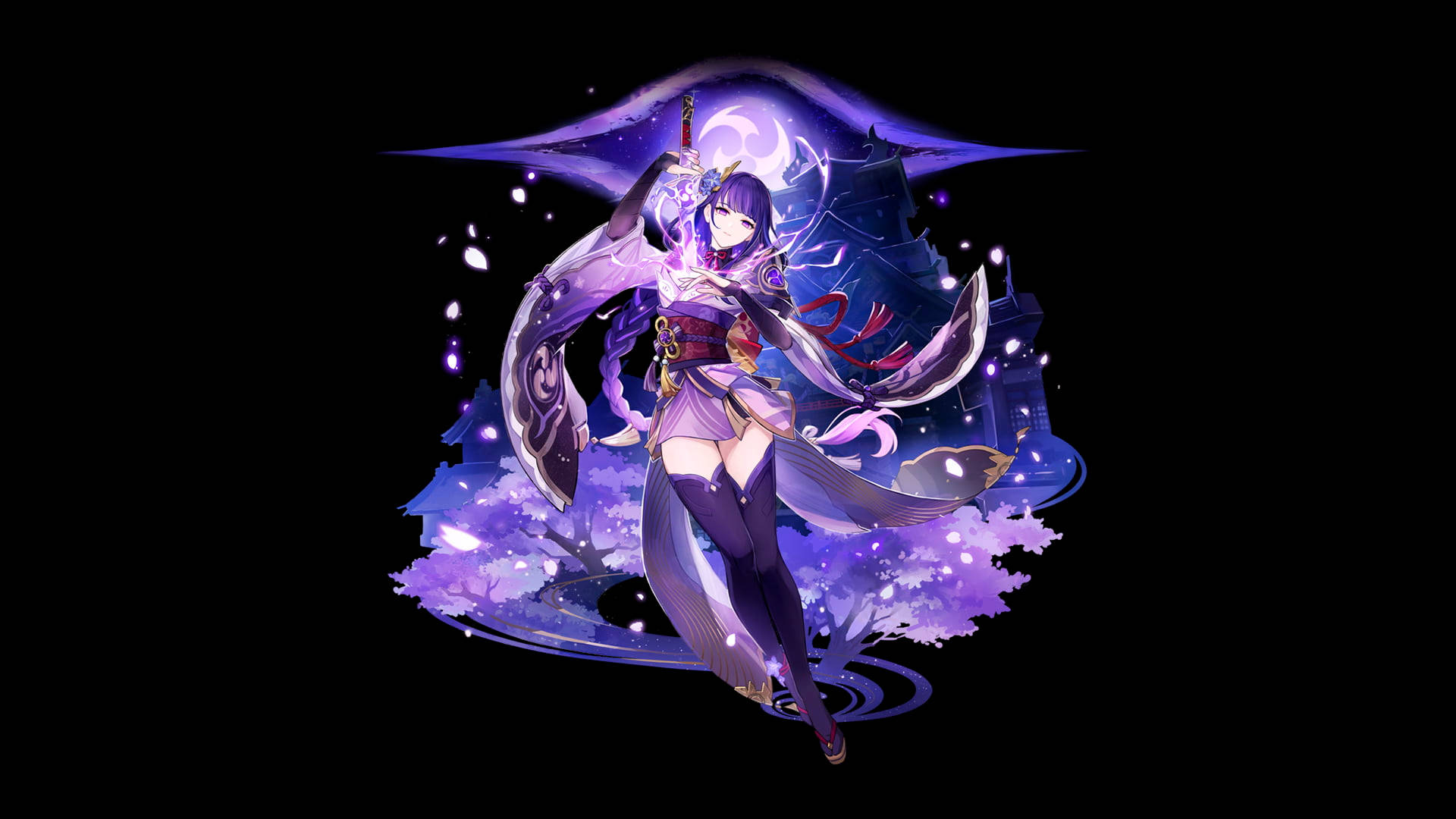 Genshin 桌布 壁紙 — 一位紫髮動漫戰士身穿飄逸長袍，在櫻花和彎月中揮舞著發光的劍。