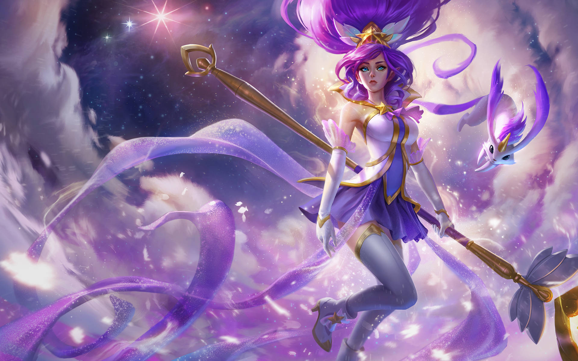 Legends 桌布 壁紙 — 一位紫髮動漫法師在旋轉的宇宙雲和閃爍的星星中揮舞著發光的法杖。