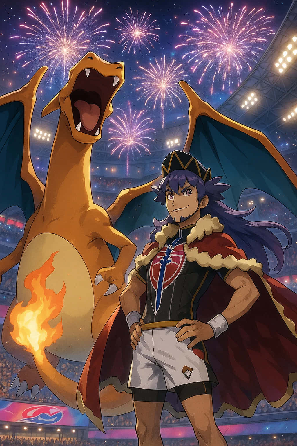 Charizard Pokemon HD Wallpaper WEBP 4K Background Download 壁紙 — 一位紫髮動漫訓練師身穿紅色斗篷，自信地站在一隻腹部有火焰的咆哮橙色龍旁邊，背景是體育場的煙火。