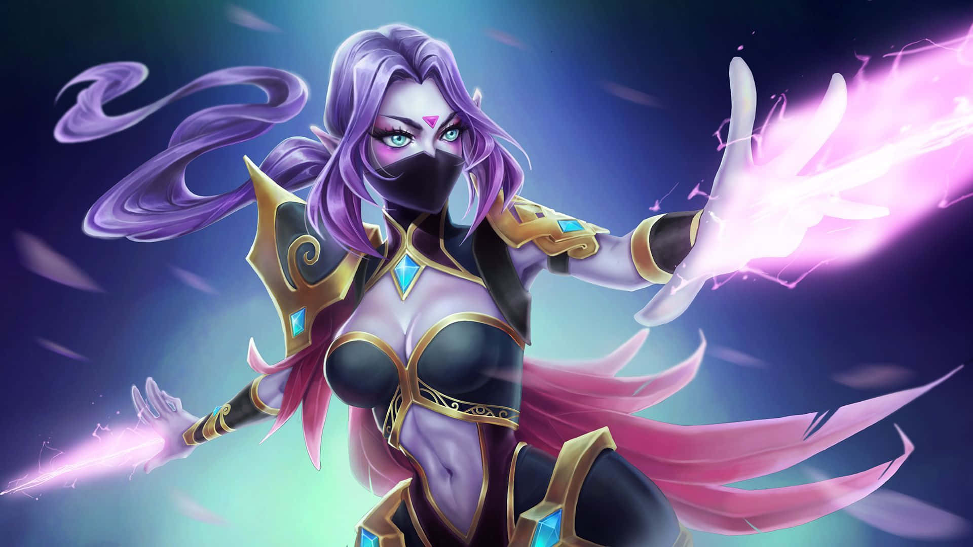 Templar Assassin 桌布 壁紙 — 一位紫髮奇幻戰士，雙手發出發光的粉紅色能量爆炸，背景為深藍色和藍綠色。