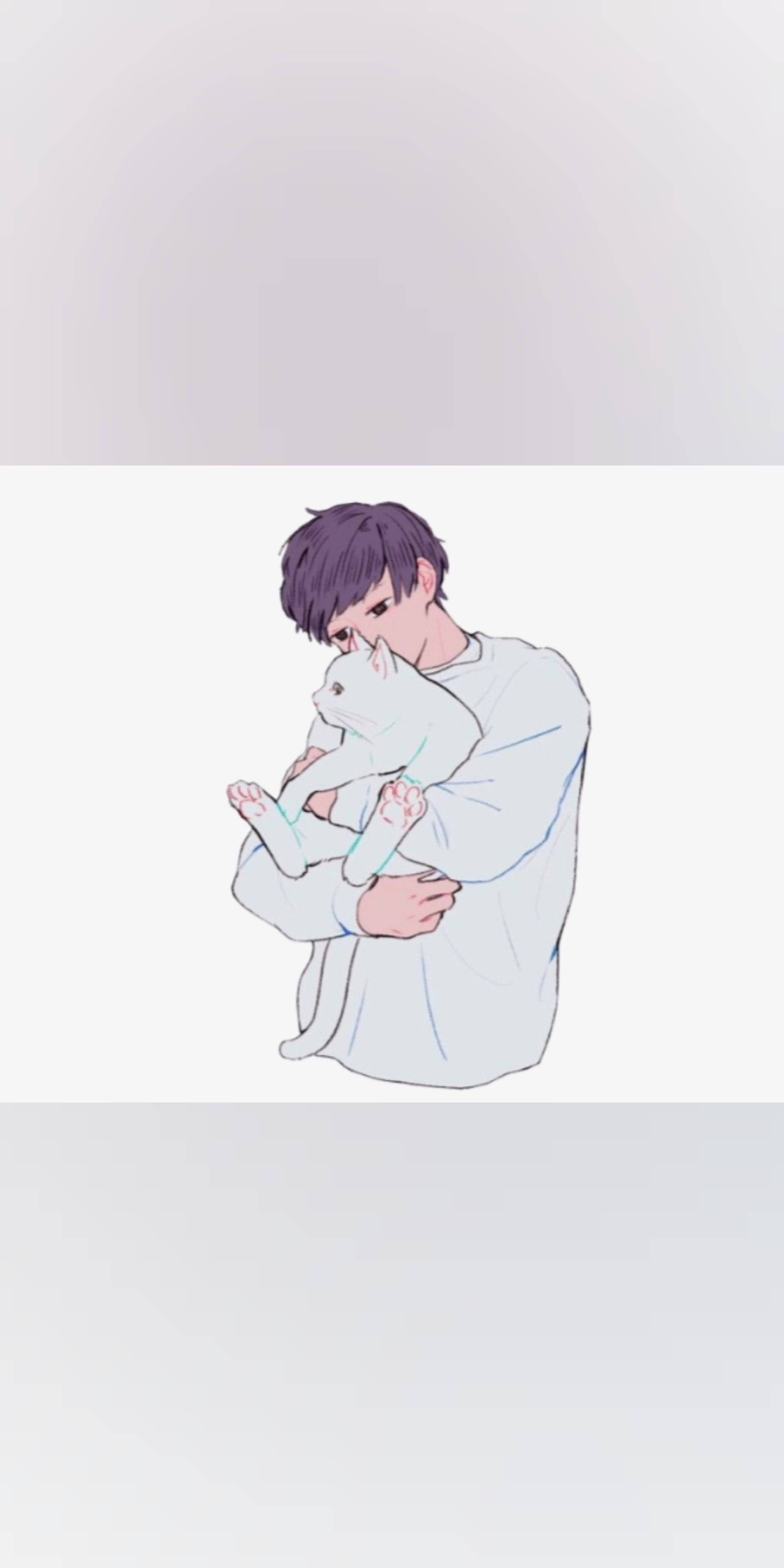Aesthetic Anime Boy 桌布 壁紙 — 一位紫髮年輕男子在柔和極簡插圖中輕輕懷抱一隻白貓。