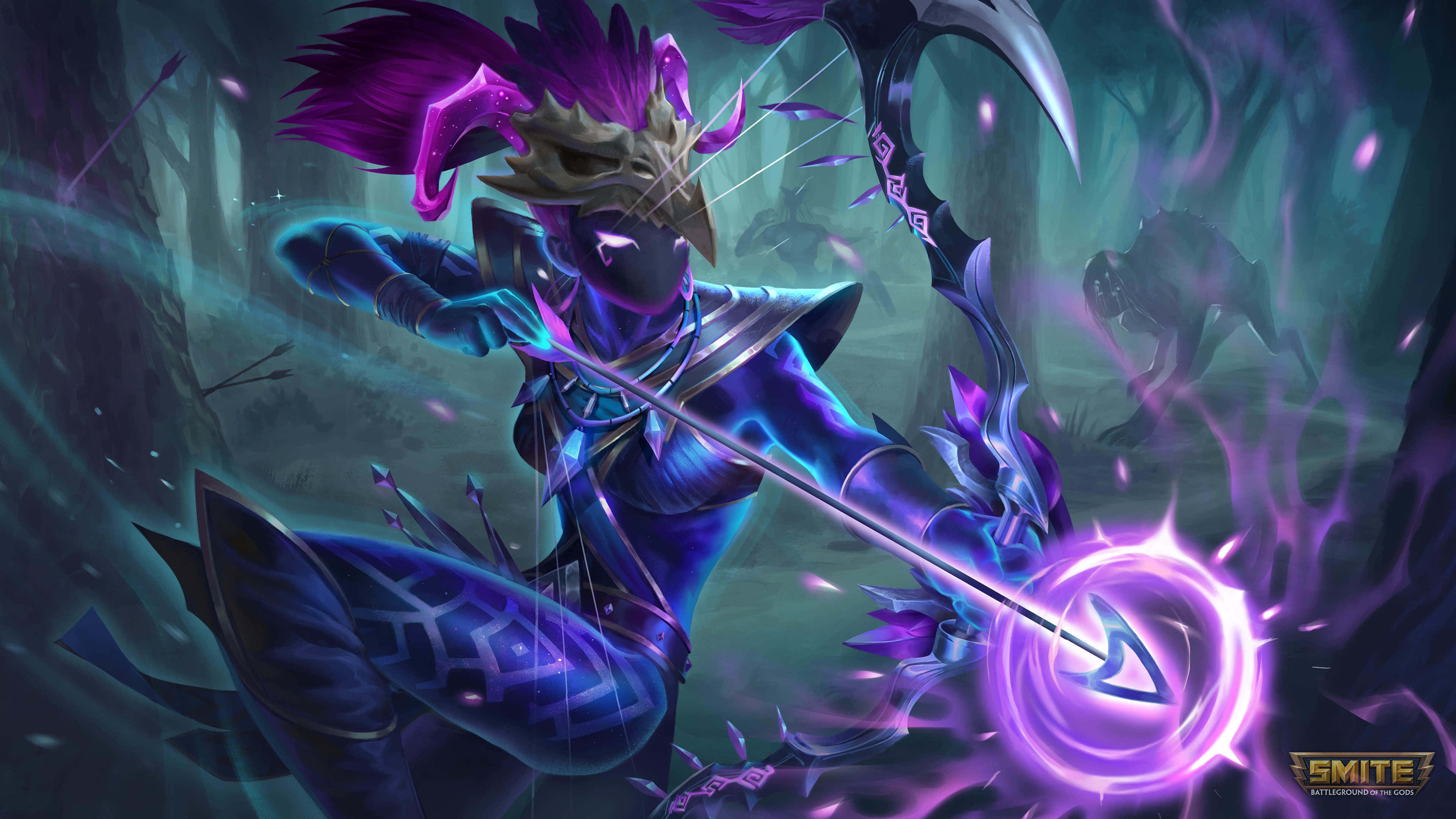 Smite 桌布 壁紙 — 一位紫髮戰士身穿藍色盔甲，在神秘森林中揮舞著發光的弓，周圍有幽靈生物。