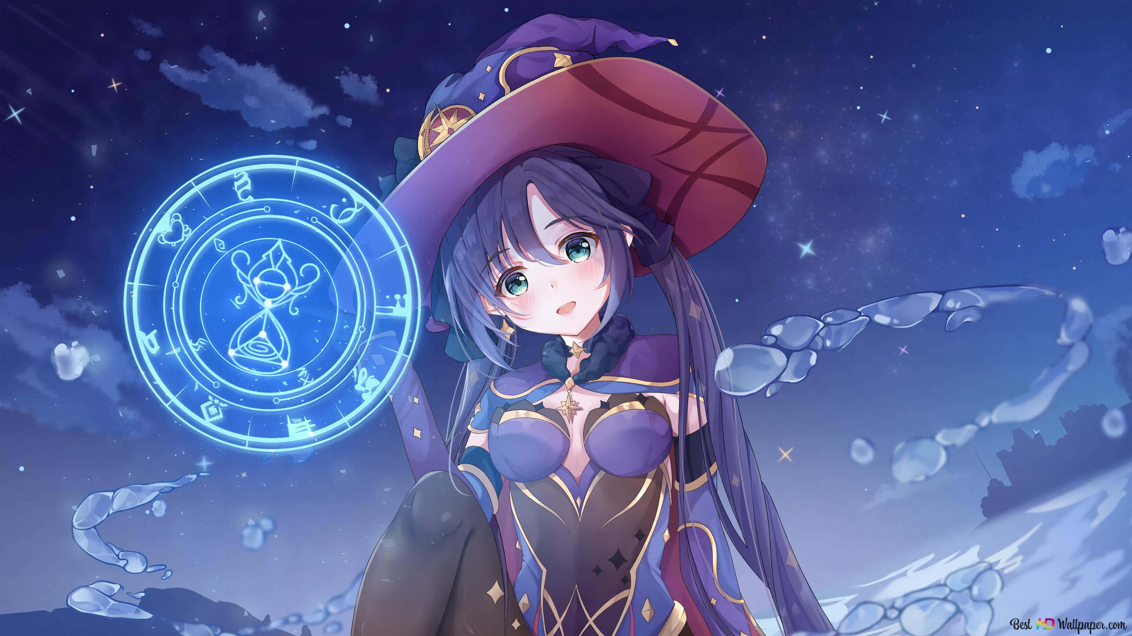 Genshin Impact Mona 桌布 壁紙 — 一位紫髮戴帽的開朗動畫女巫，在星空下施展發光的藍色魔法陣。