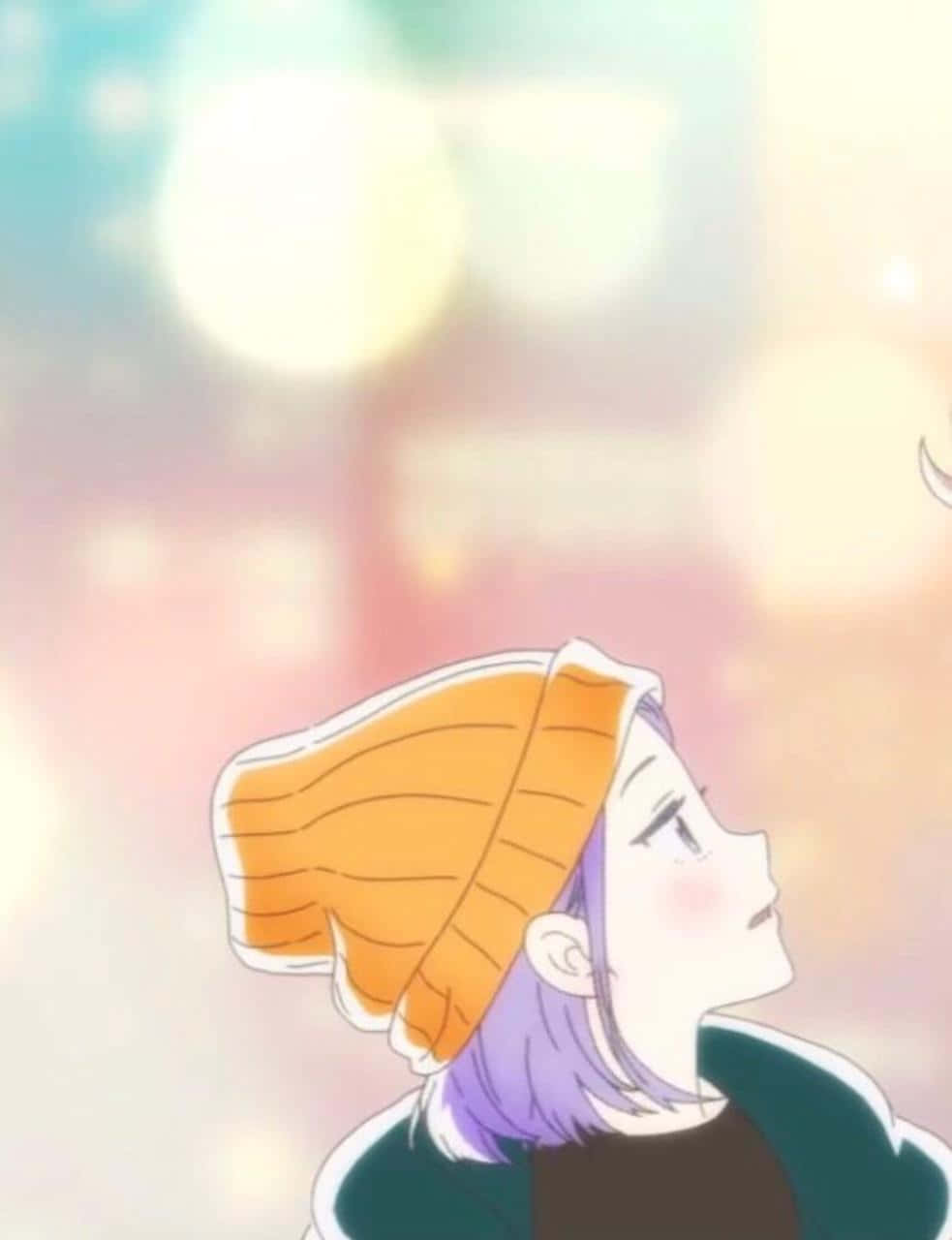 Aesthetic Anime Pfp 桌布 壁紙 — 一位紫髮戴橙色毛帽的年輕動漫女孩，在柔和粉彩散景背景下向上凝視。