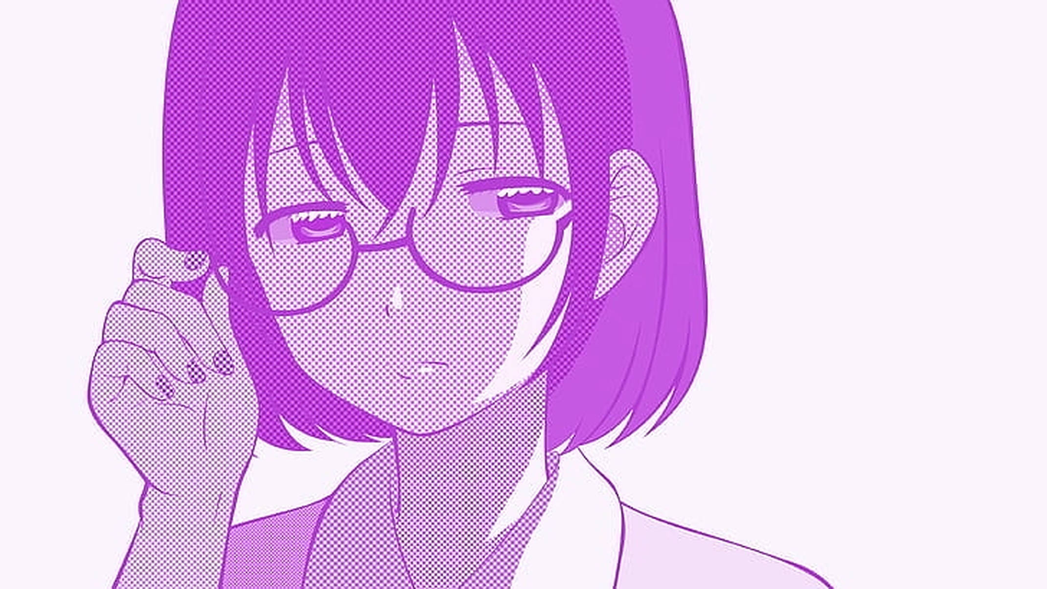 asobi asobase 桌布 壁紙 — 一位紫髮戴眼鏡的動漫女孩，在純色背景上輕輕觸碰臉頰。