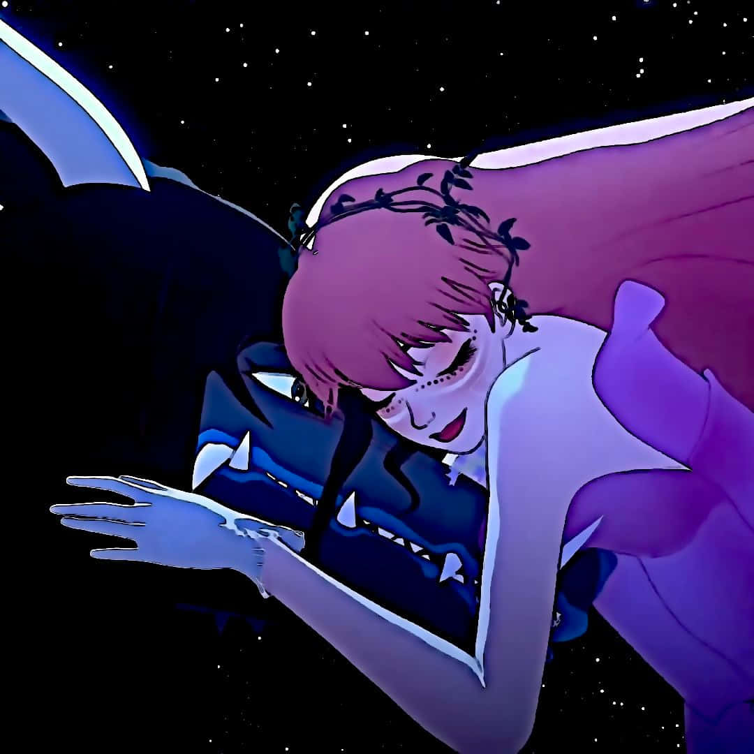 美女與野獸 桌布 壁紙 — 一位紫髮有翼的動漫女孩在星空夜空下擁抱一條藍龍。