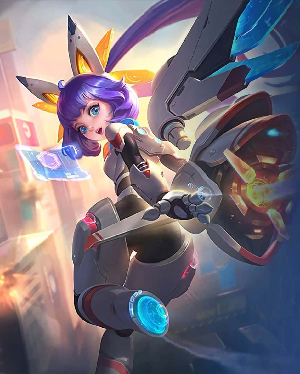 Mobile Legends 動態圖 桌布 壁紙 — 一位紫髮狐耳動漫少女在動態城市戰鬥姿勢中揮舞著發光的未來武器。