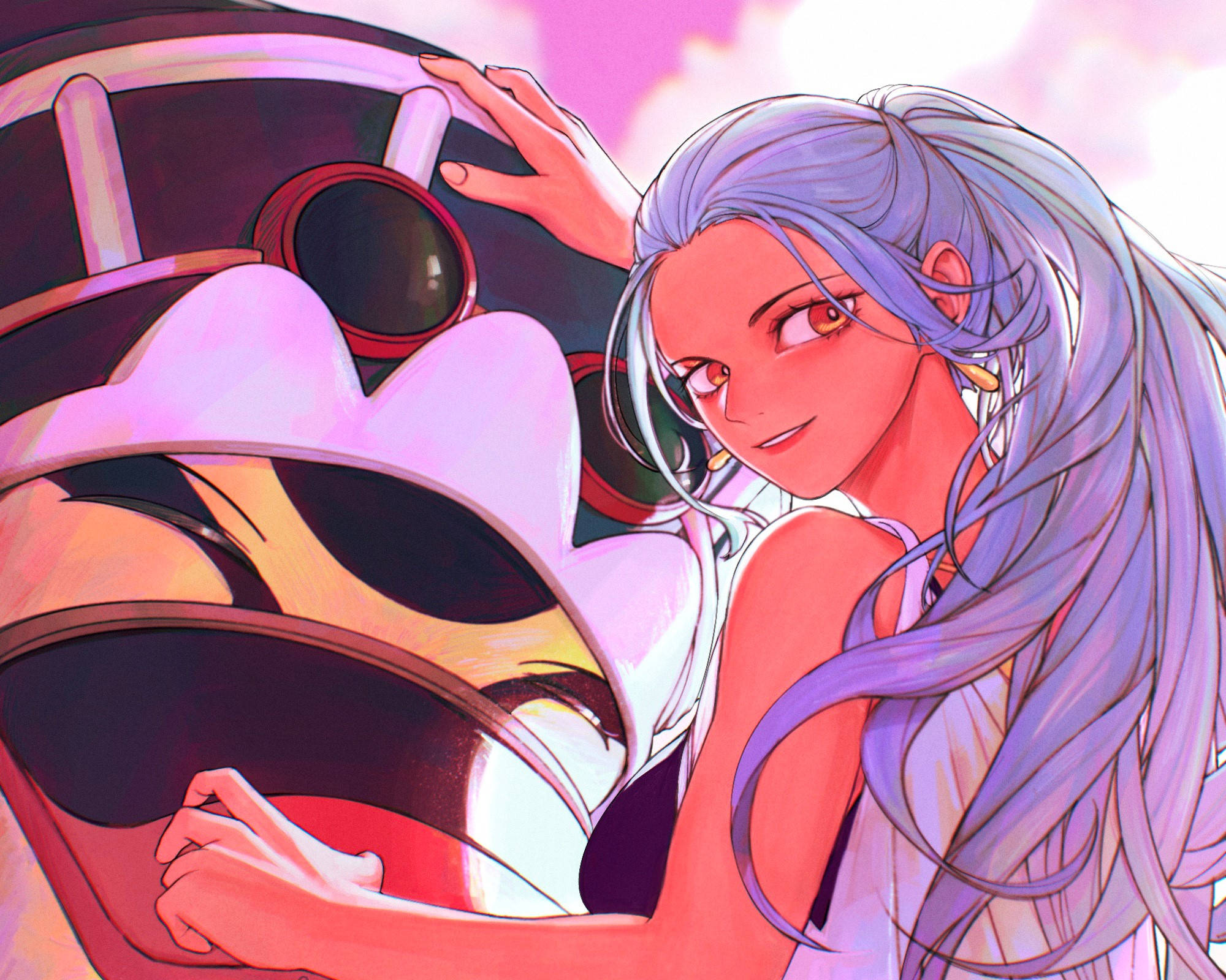 nefertari vivi 桌布 壁紙 — 一位紫髮琥珀色眼睛的動漫女孩，在柔和的粉紅色天空下，輕輕觸摸一個巨大的粉白色機械生物。