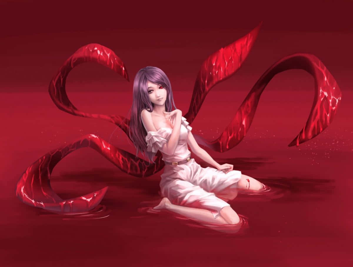 Rize Kamishiro 桌布 壁紙 — 一位紫髮白衣的動漫女孩跪在深紅液體中，周圍環繞著流動的紅色觸手。