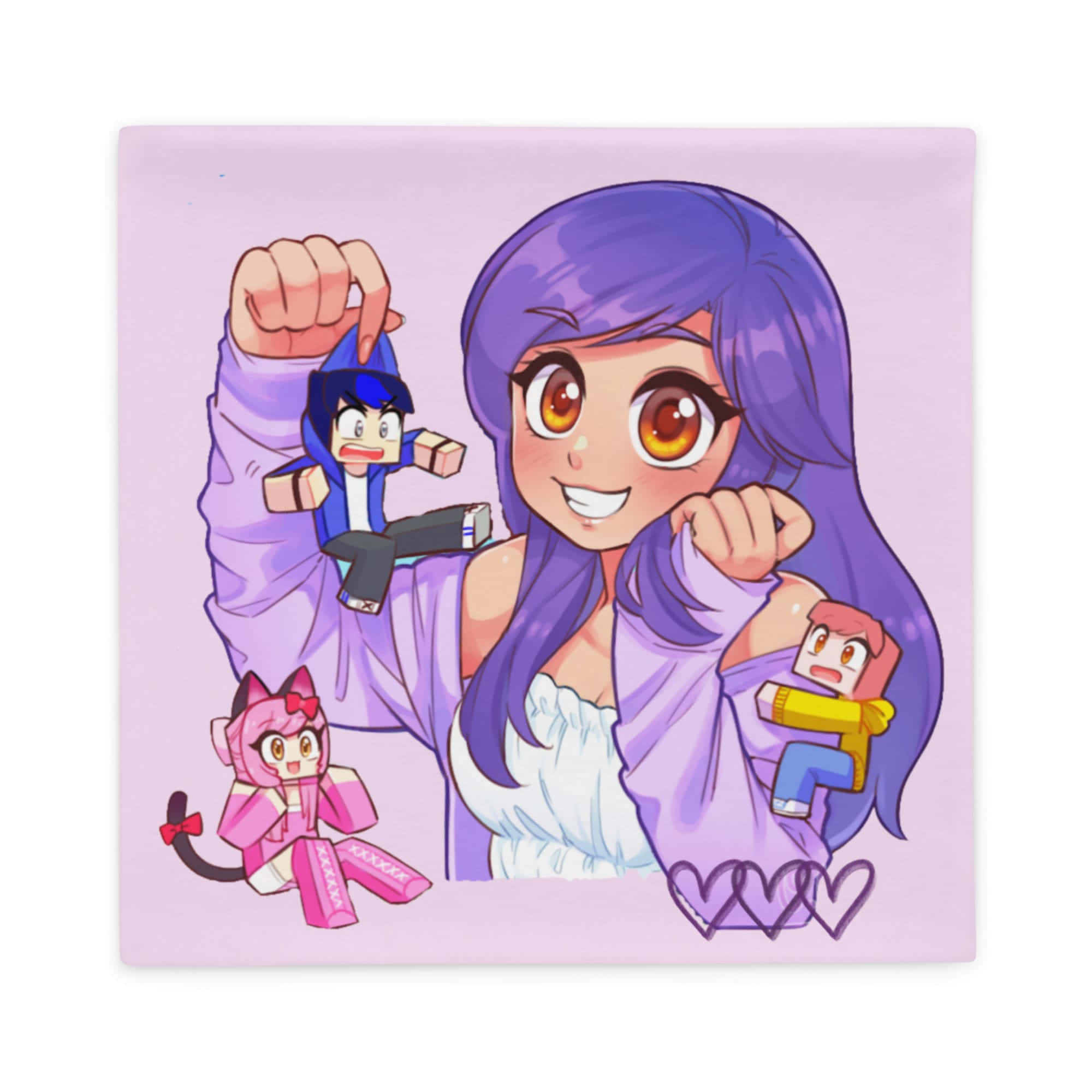Aphmau 桌布 壁紙 — 一位紫髮的可愛動漫女孩，在柔和的薰衣草背景前，抱著方塊狀的Minecraft風格角色。