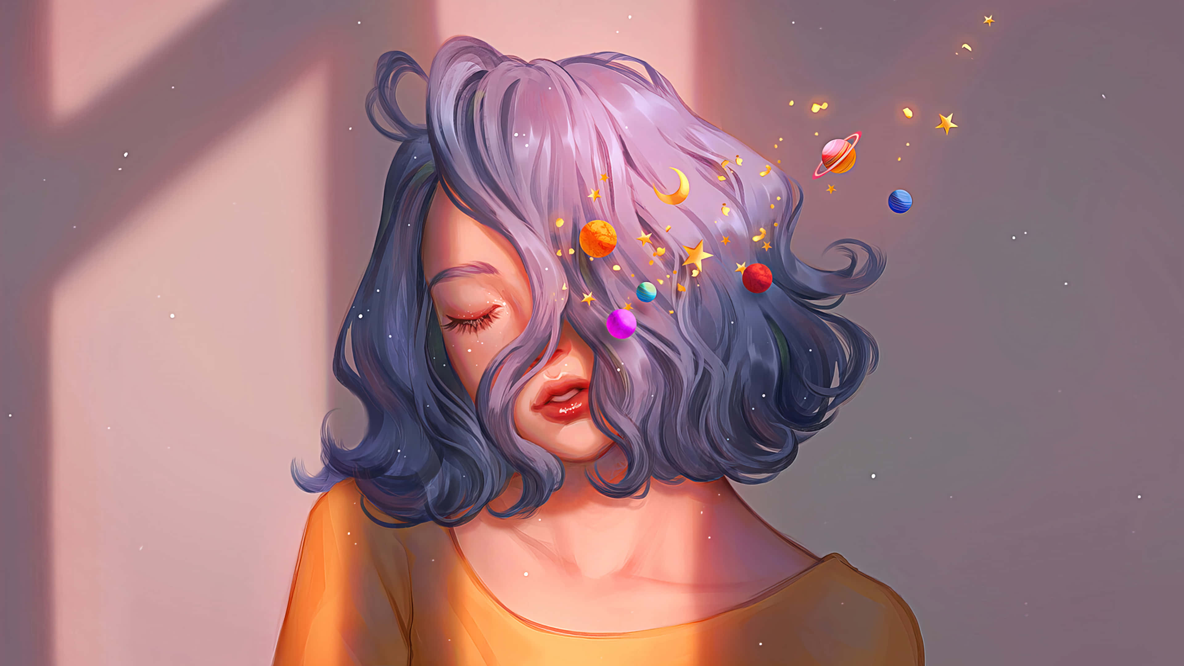桌布 壁紙 — 一位紫髮的寧靜動漫女孩，她的頭髮中飄浮著宇宙行星和星星，籠罩在柔和粉彩光中。
